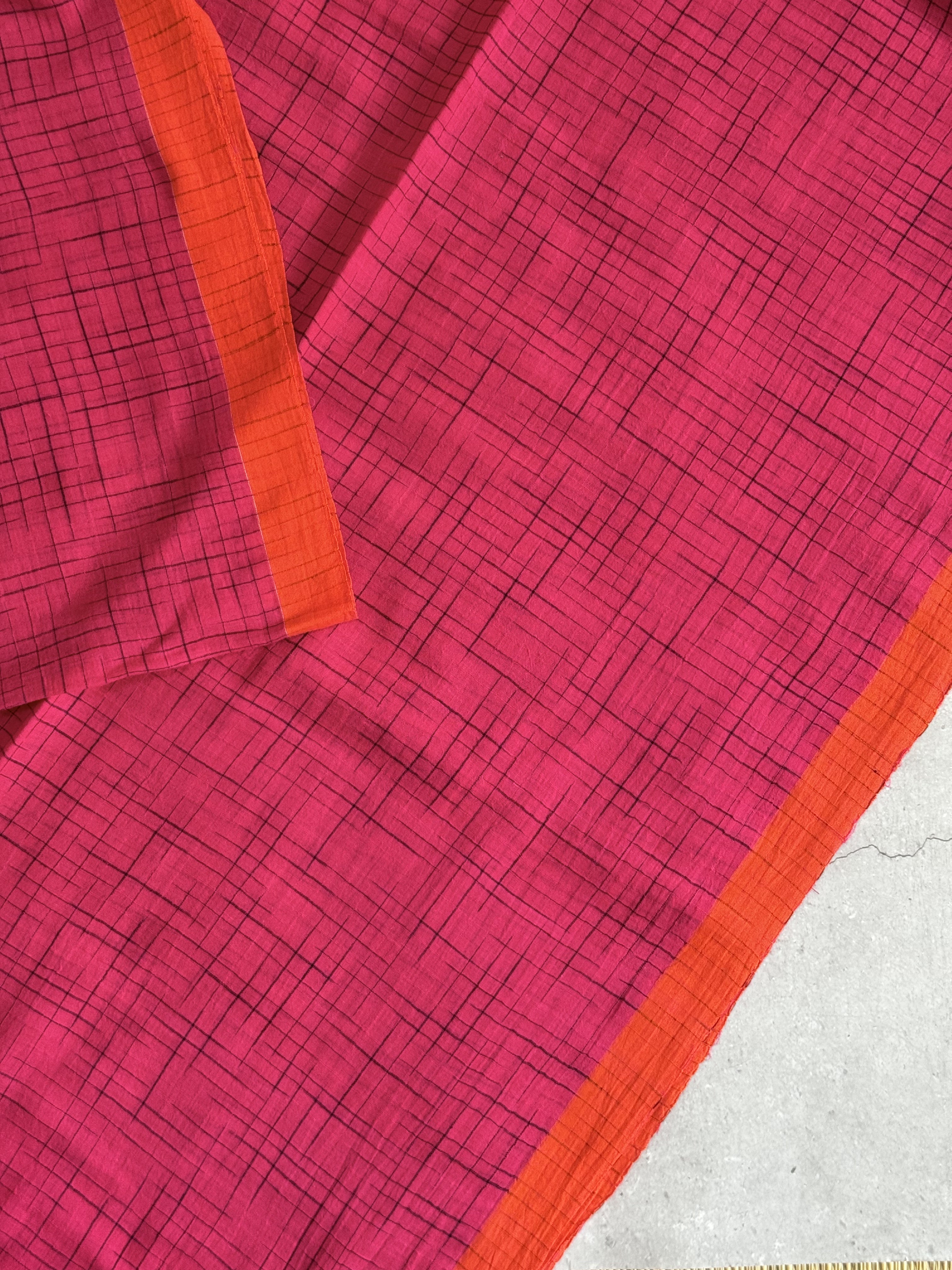 Mrinalini | Pink and Orange Broken Checks Bengal Cotton Saree