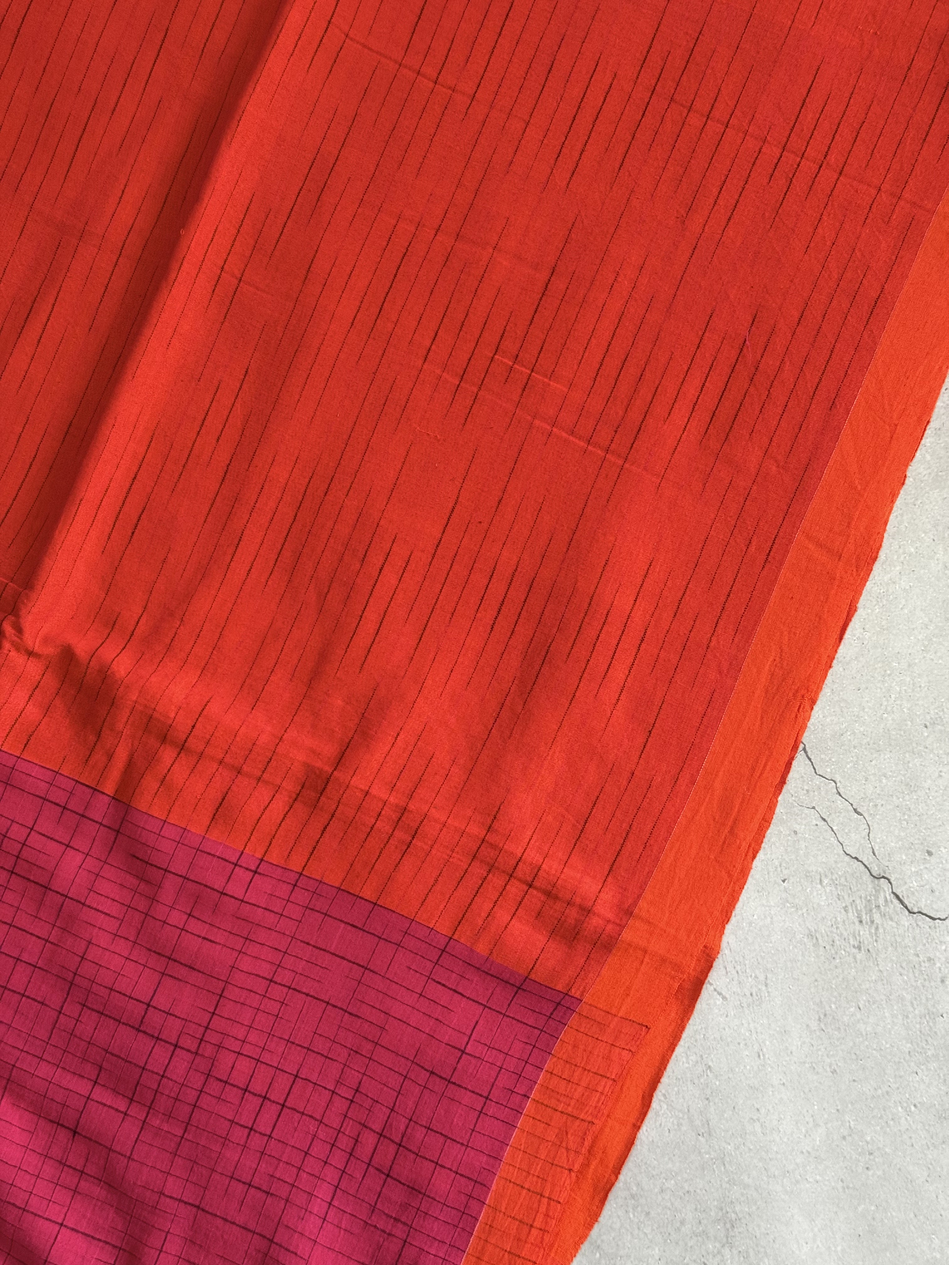 Mrinalini | Pink and Orange Broken Checks Bengal Cotton Saree