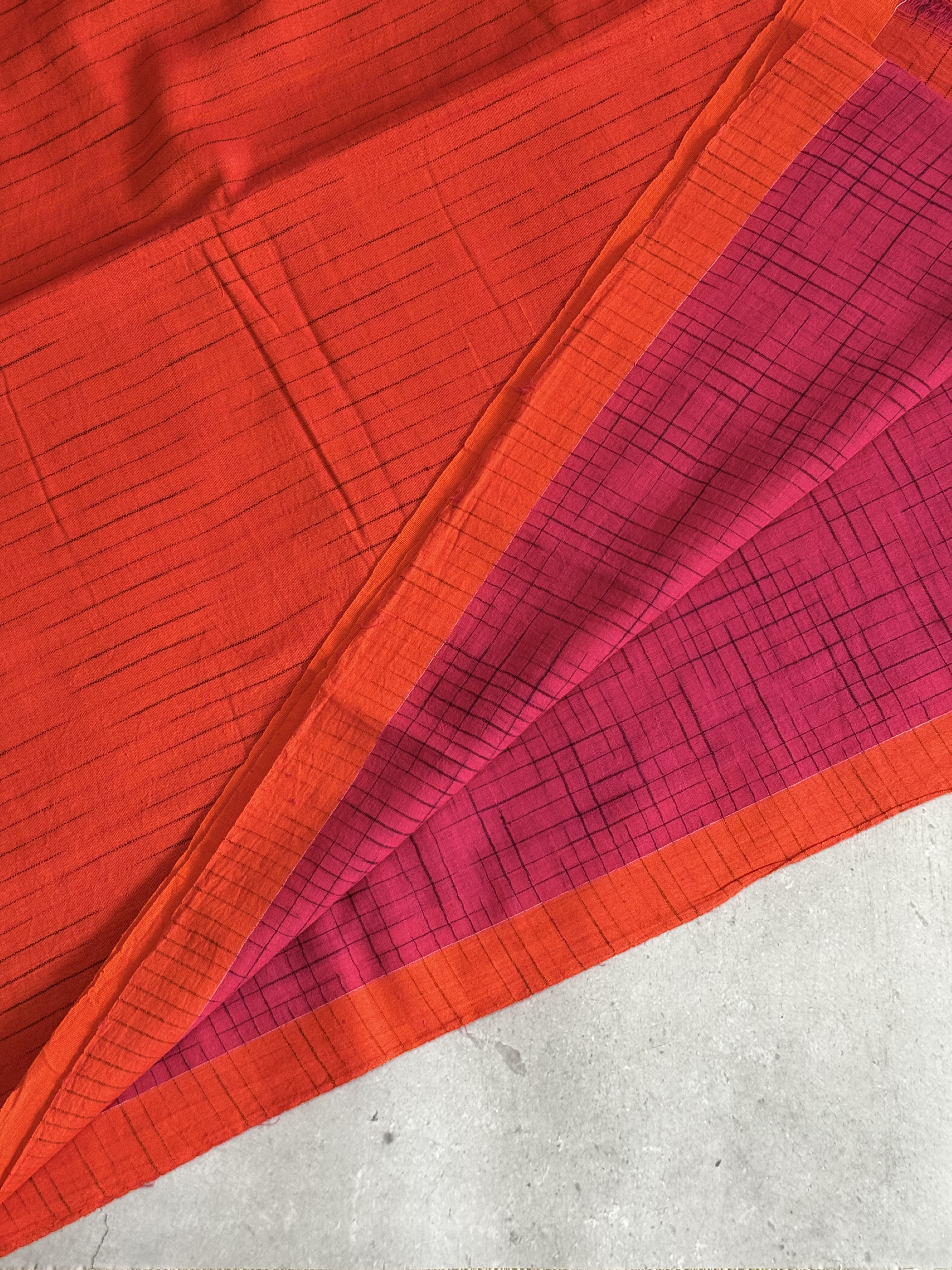Mrinalini | Pink and Orange Broken Checks Bengal Cotton Saree