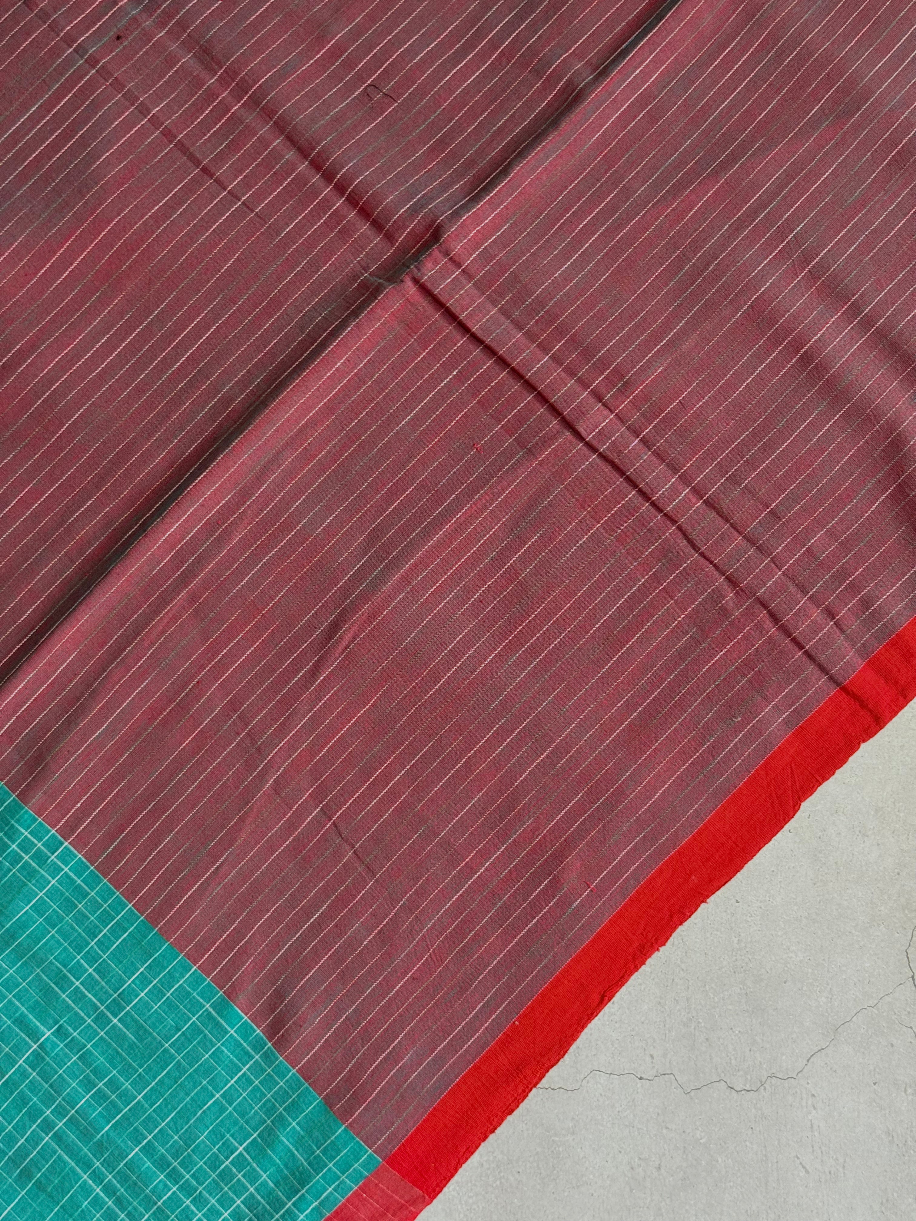 Neeraja | Green and Red Broken Checks Bengal Cotton Saree