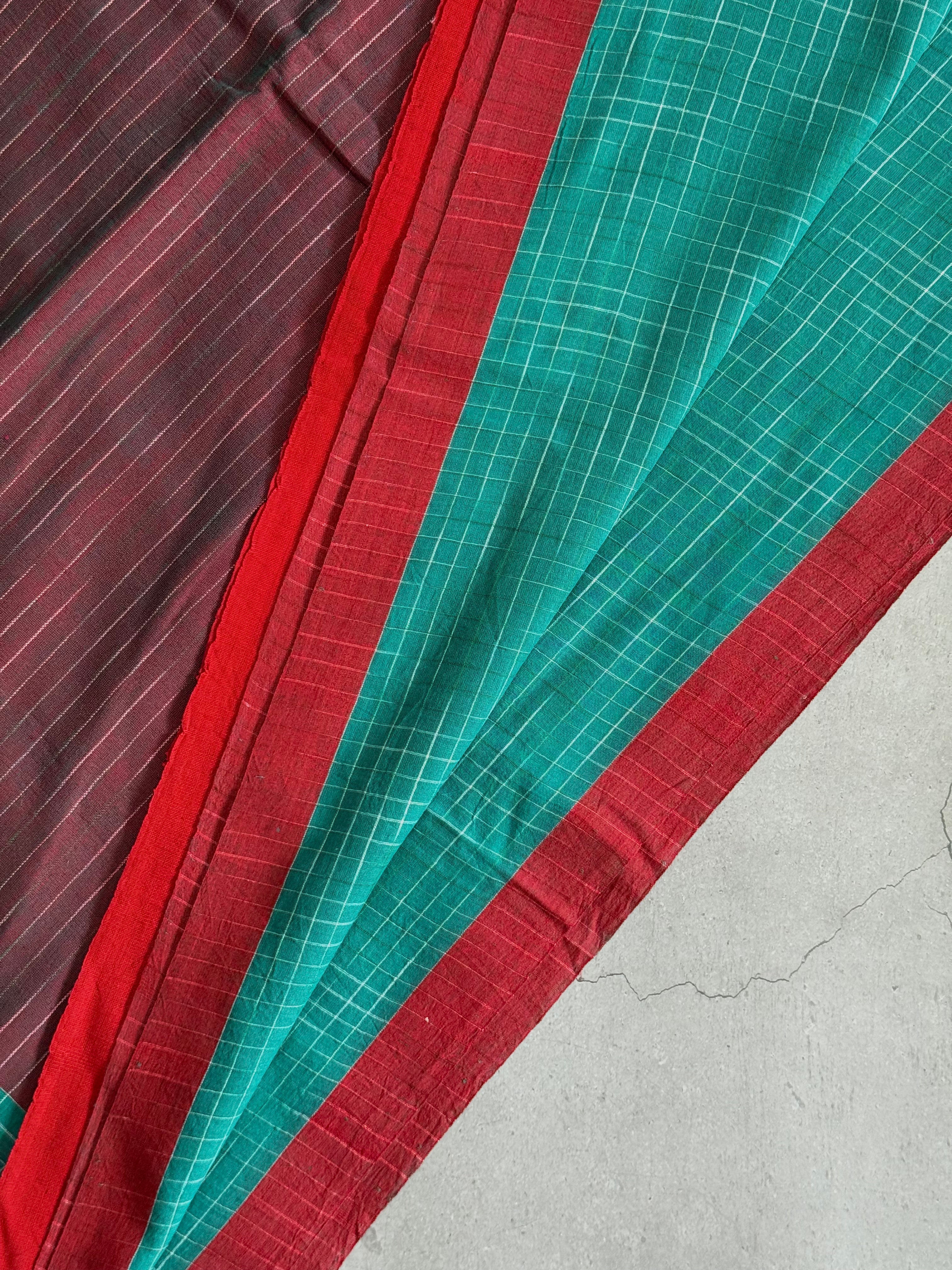 Neeraja | Green and Red Broken Checks Bengal Cotton Saree