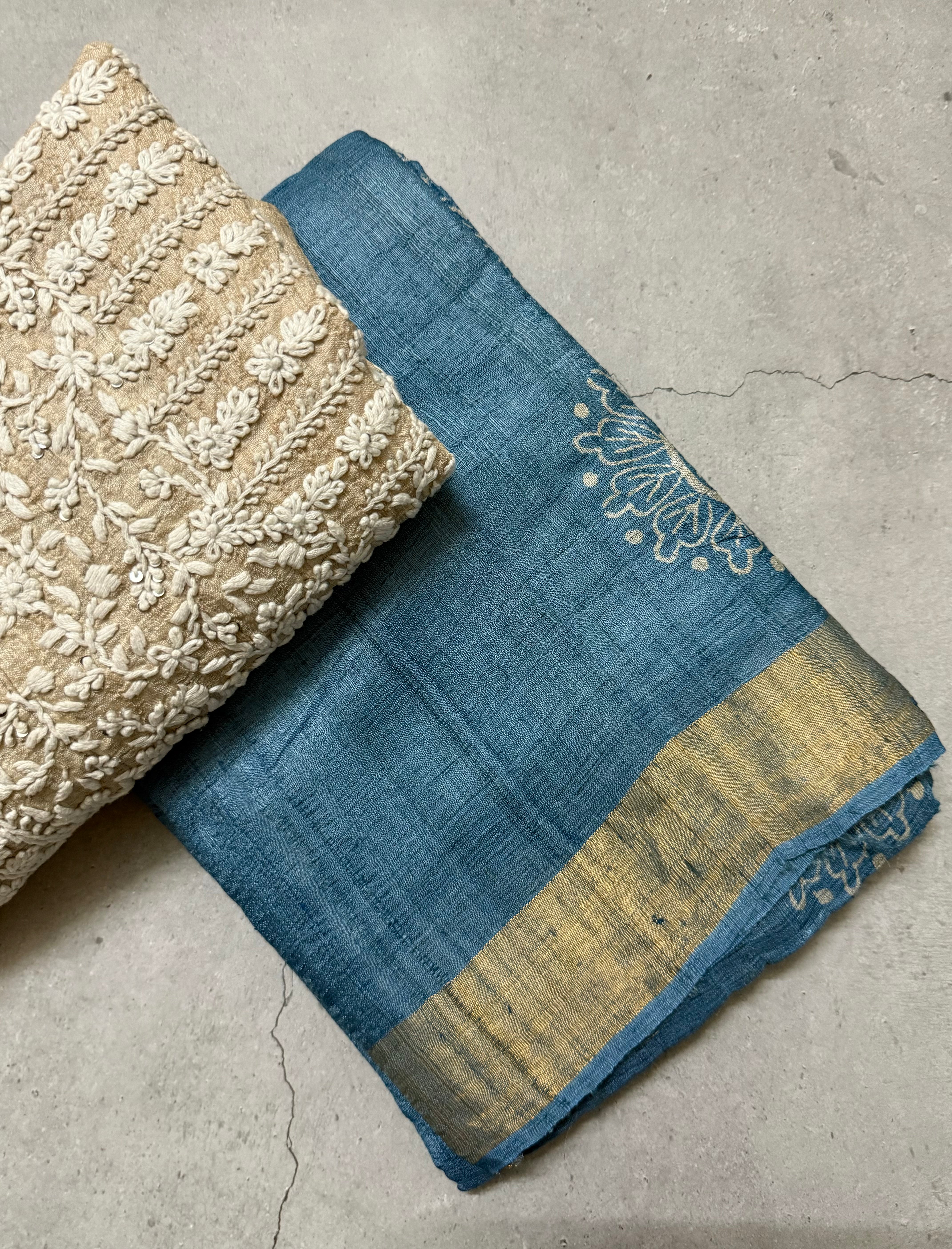 Nila | Blue Block Printed Tussar Silk Saree