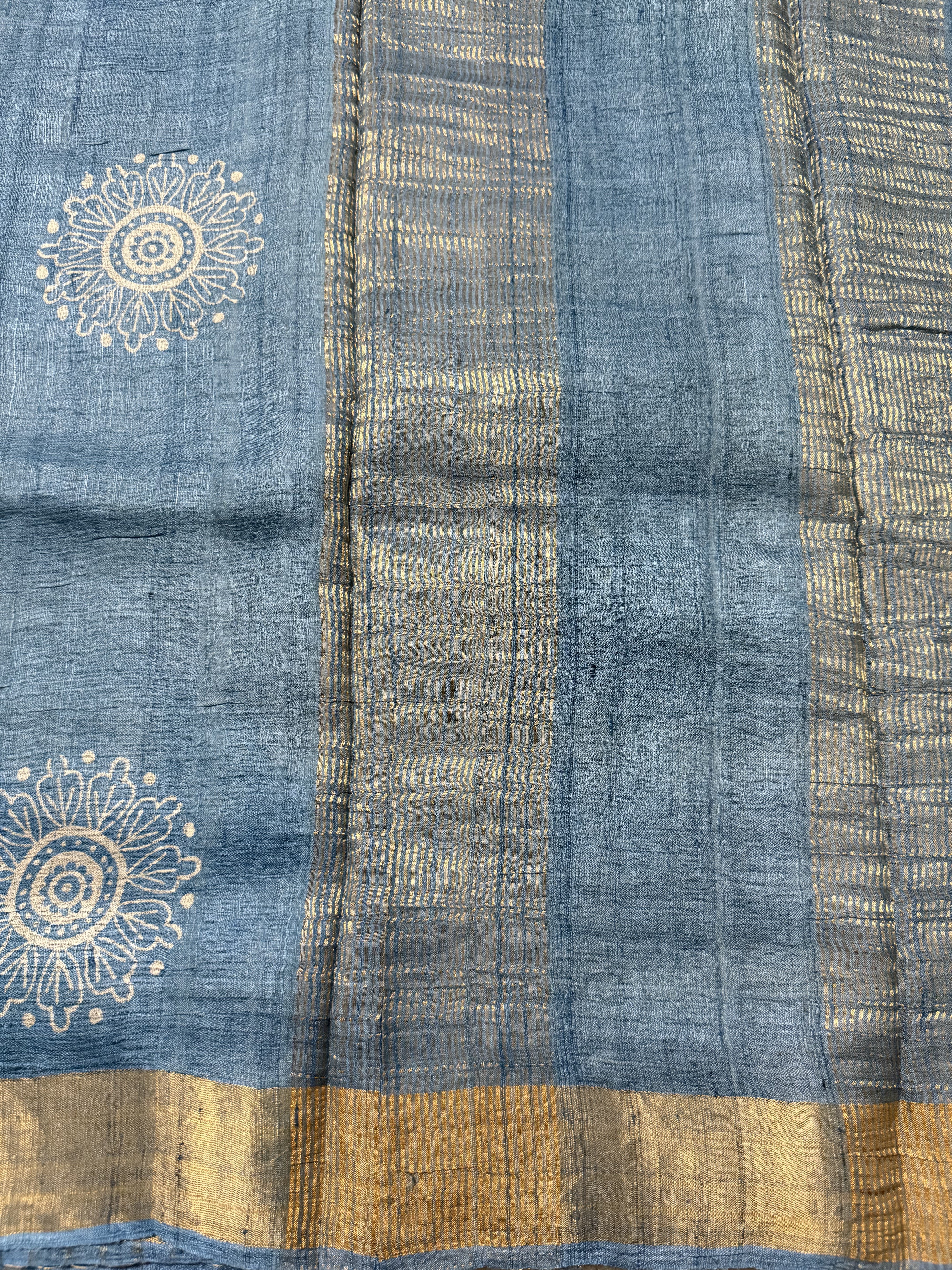 Nila | Blue Block Printed Tussar Silk Saree
