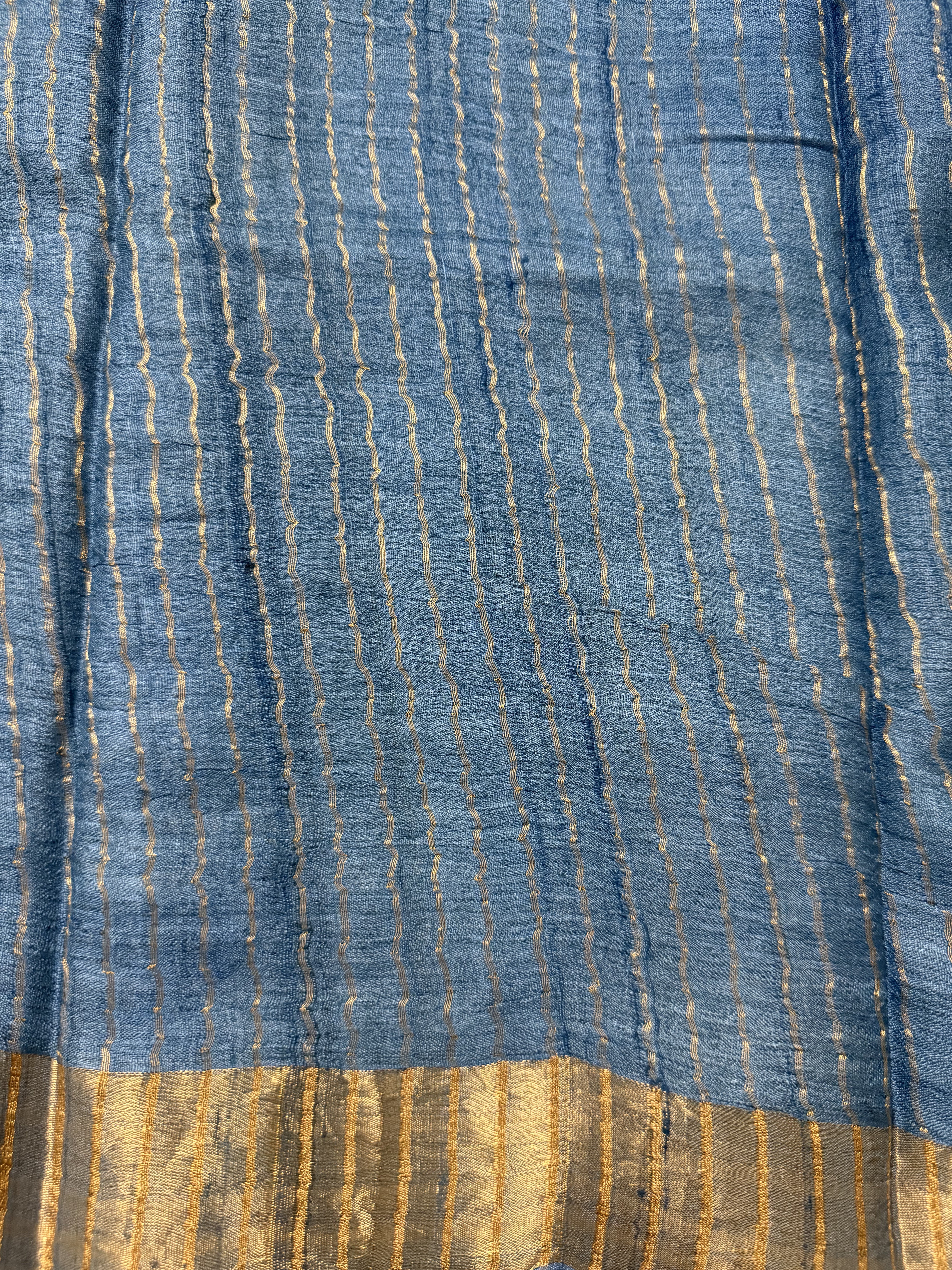 Nila | Blue Block Printed Tussar Silk Saree