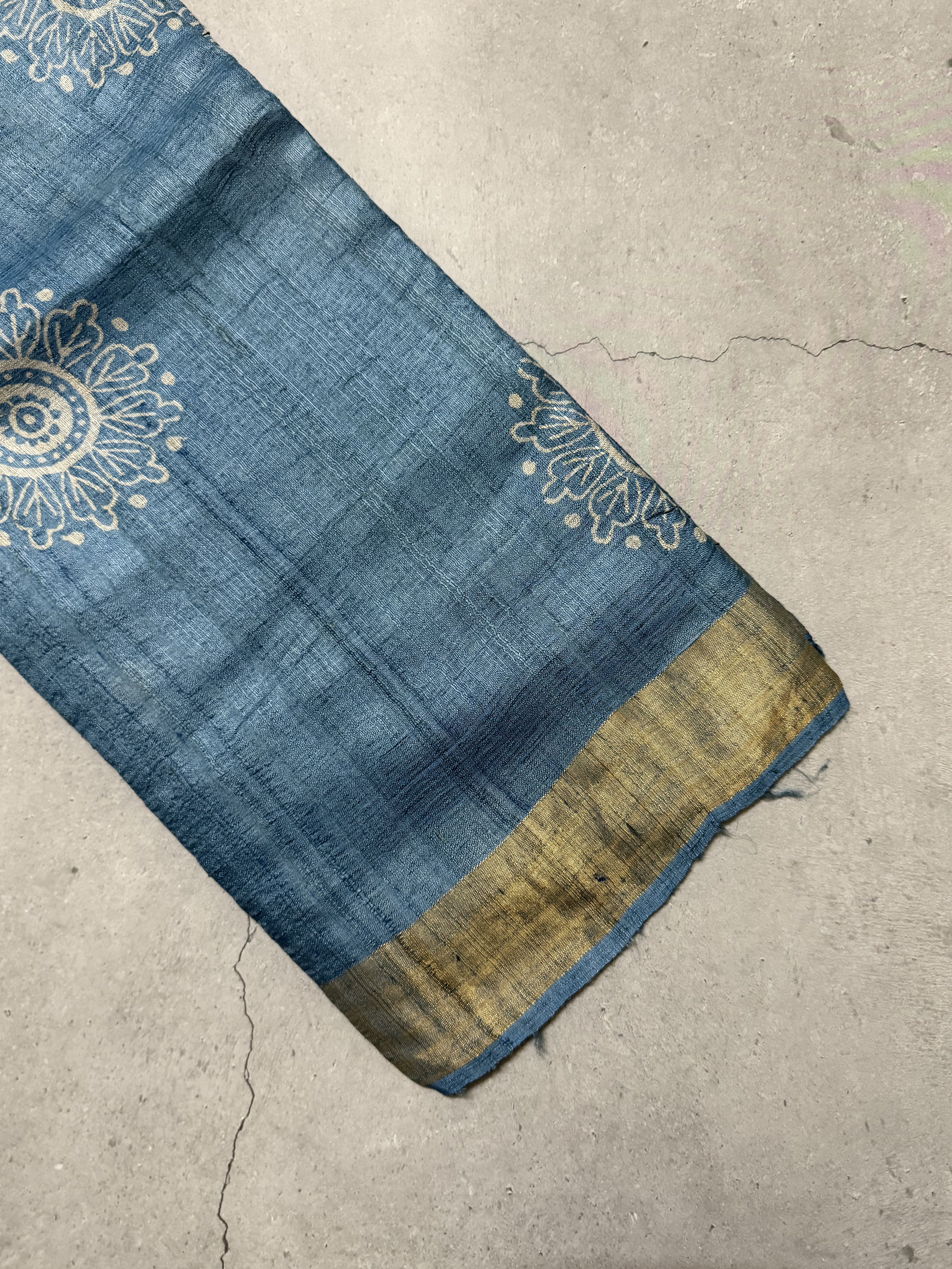 Nila | Blue Block Printed Tussar Silk Saree