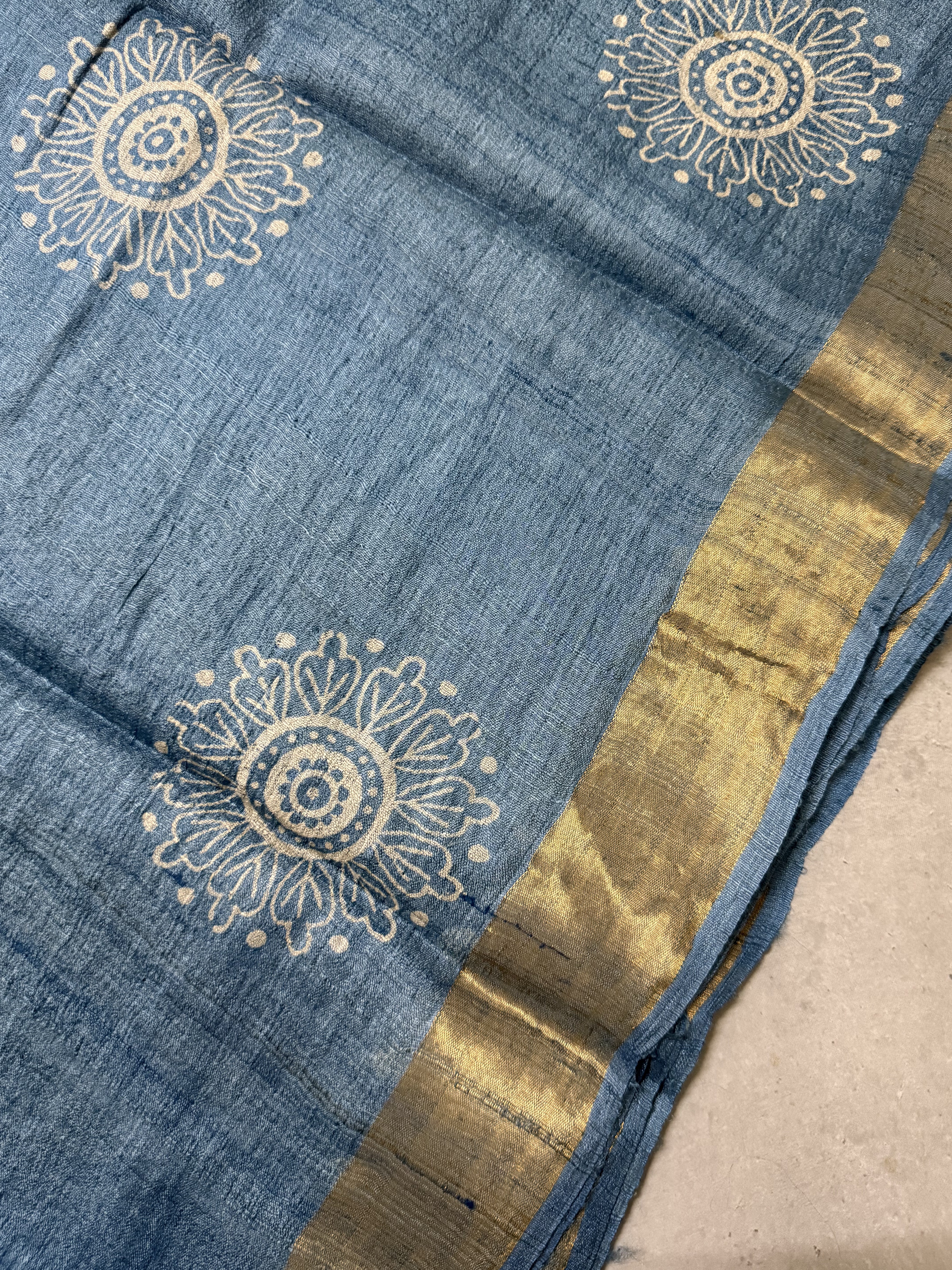 Nila | Blue Block Printed Tussar Silk Saree