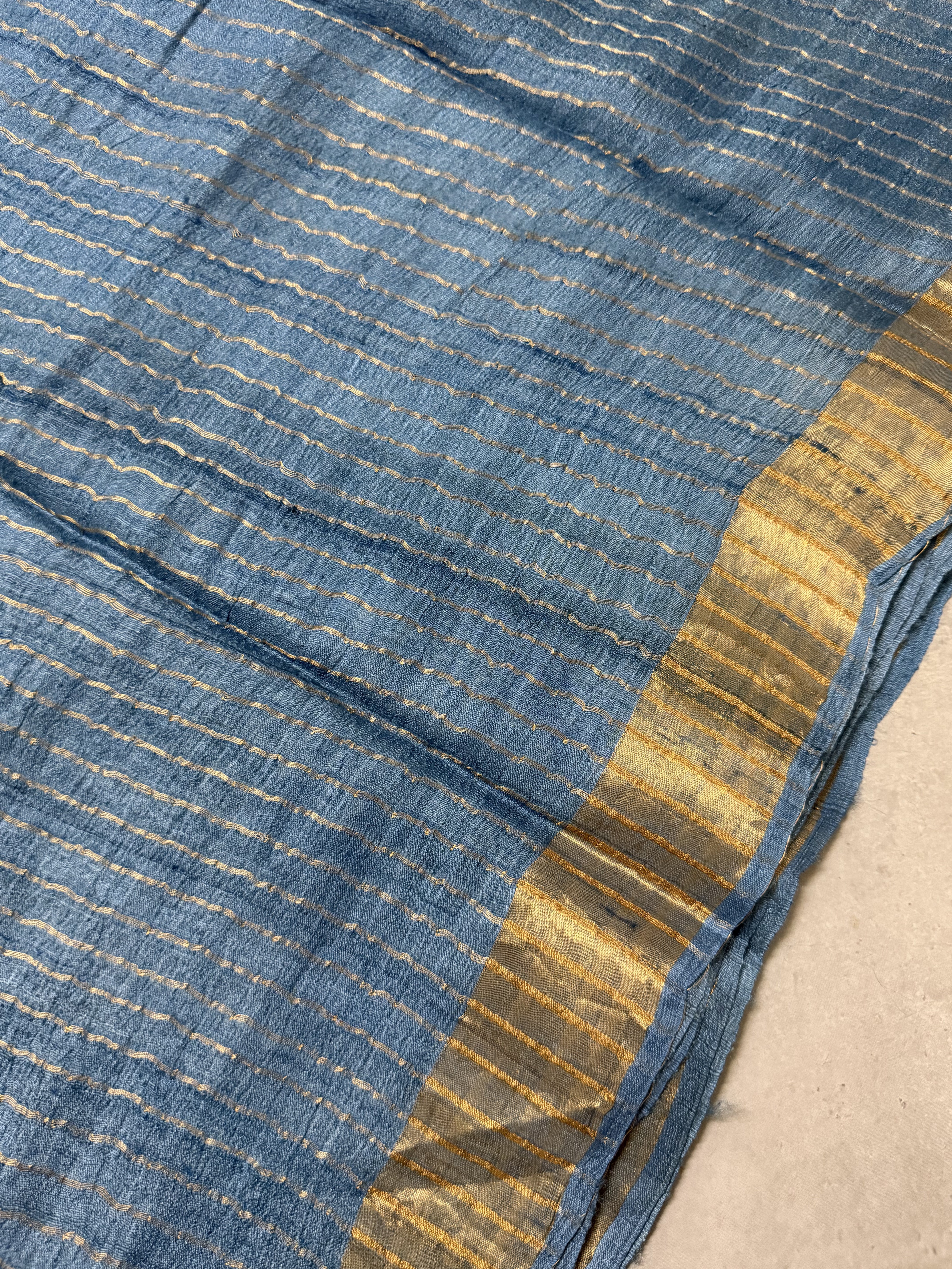 Nila | Blue Block Printed Tussar Silk Saree