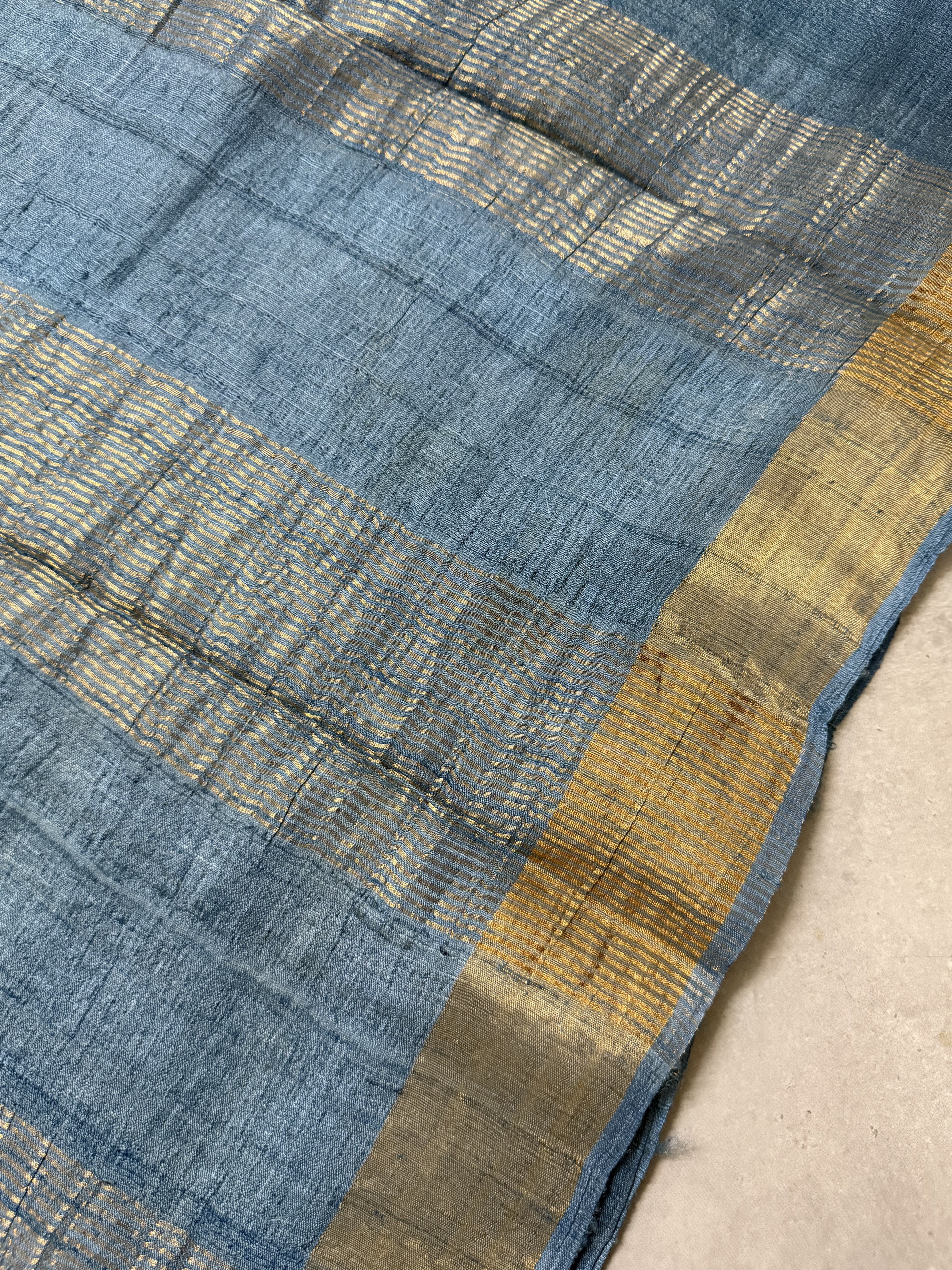 Nila | Blue Block Printed Tussar Silk Saree
