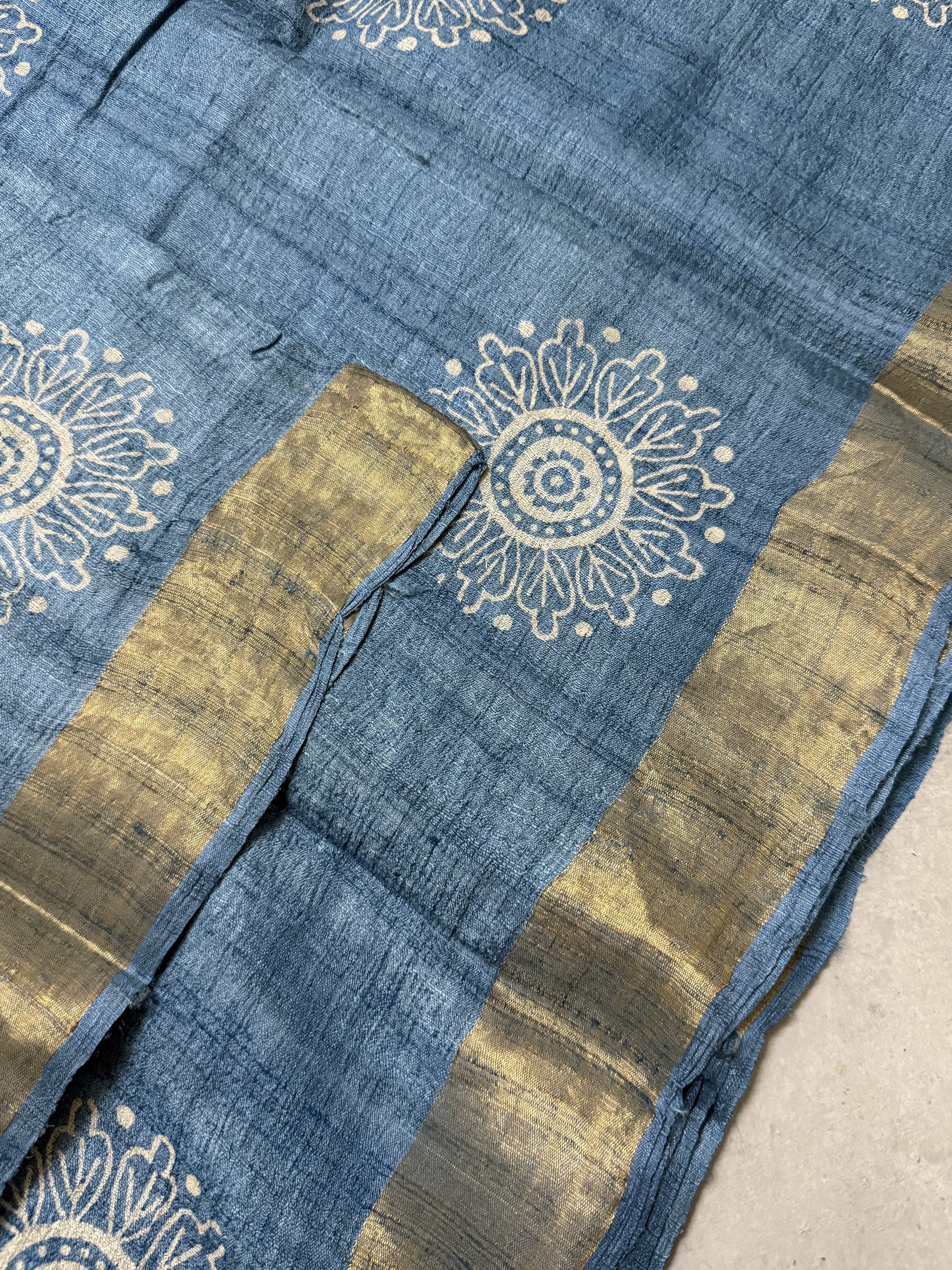 Nila | Blue Block Printed Tussar Silk Saree