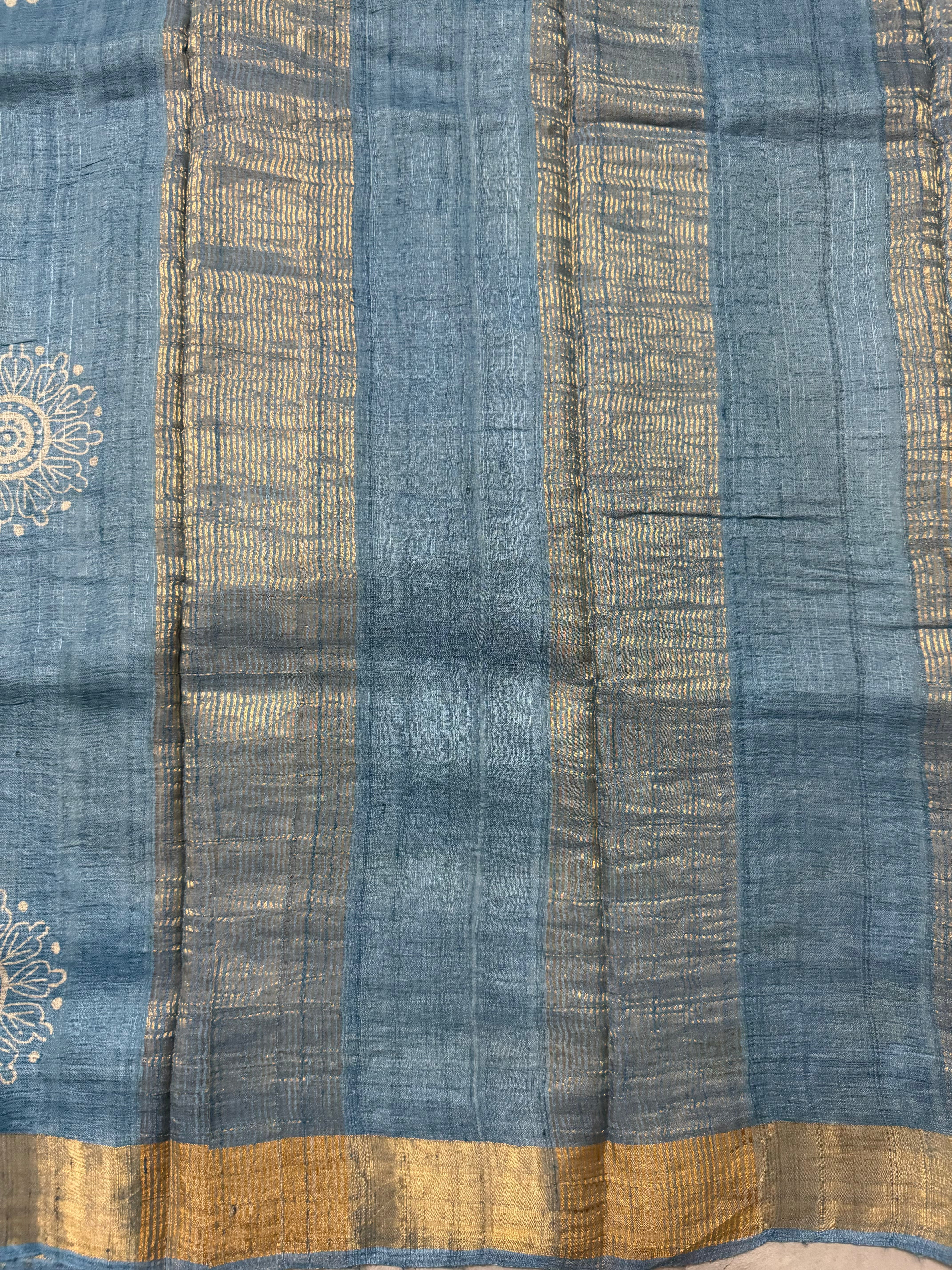 Nila | Blue Block Printed Tussar Silk Saree