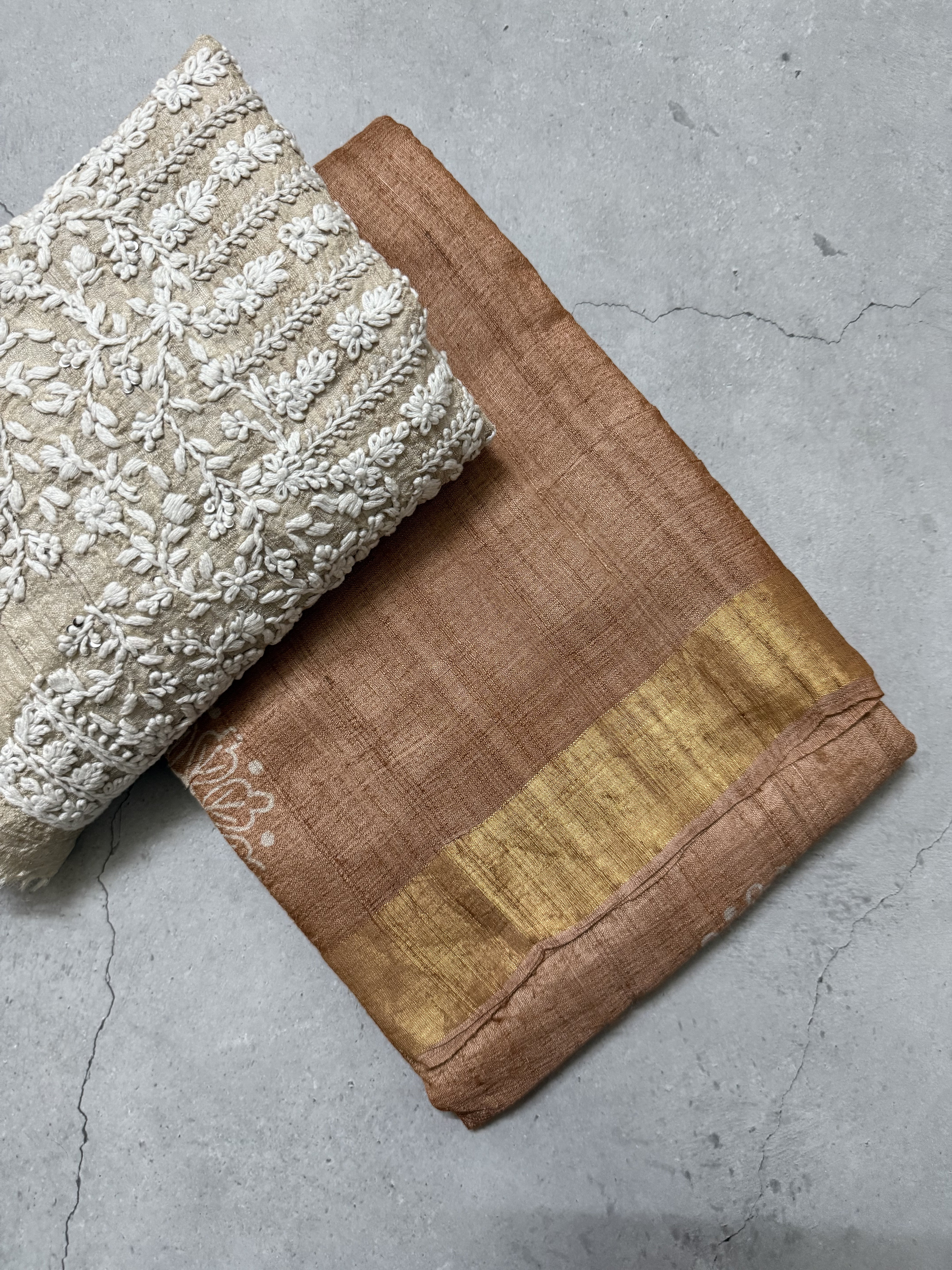 Nityaa | Brown Block Printed Tussar Silk Saree