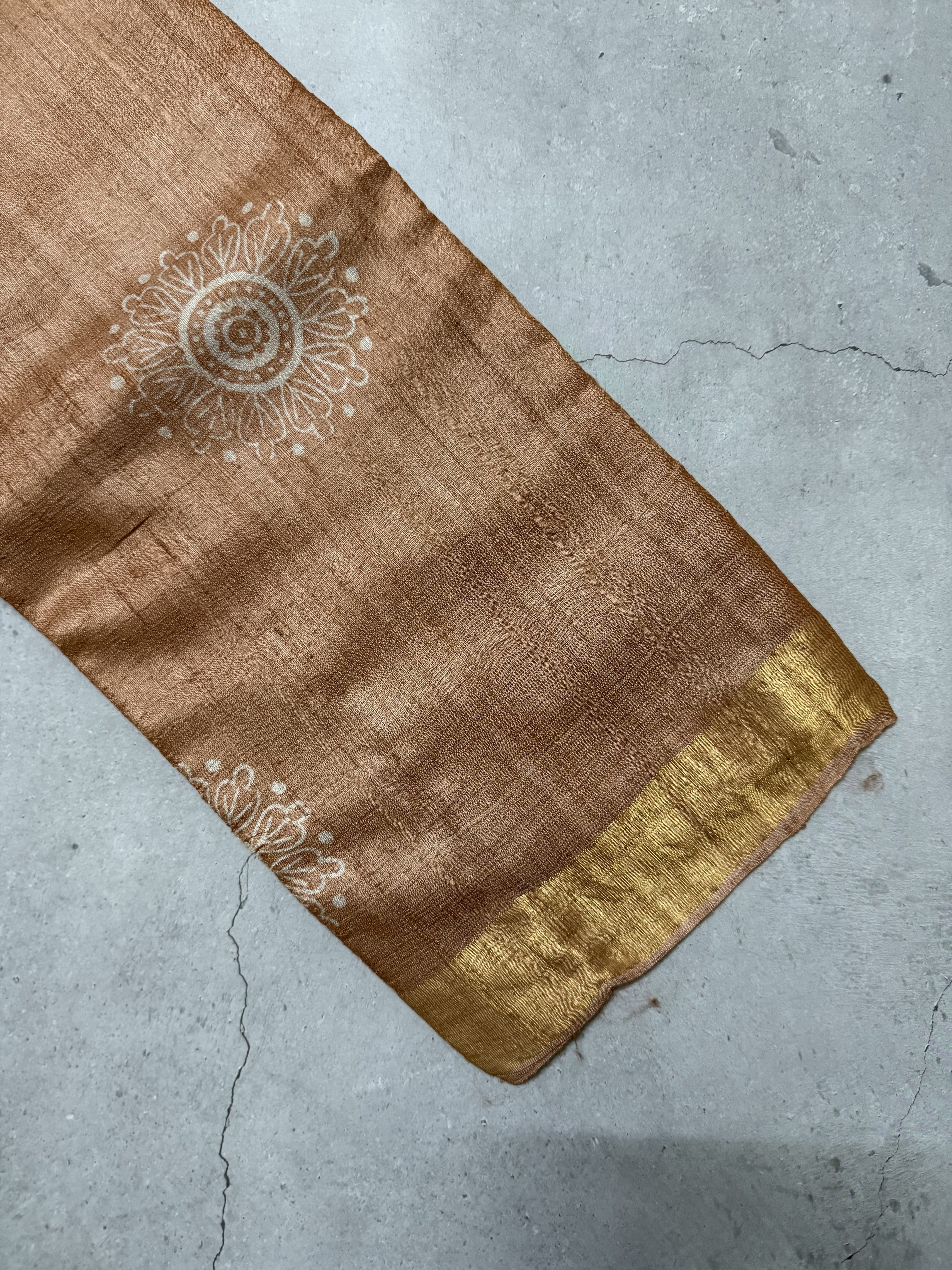 Nityaa | Brown Block Printed Tussar Silk Saree