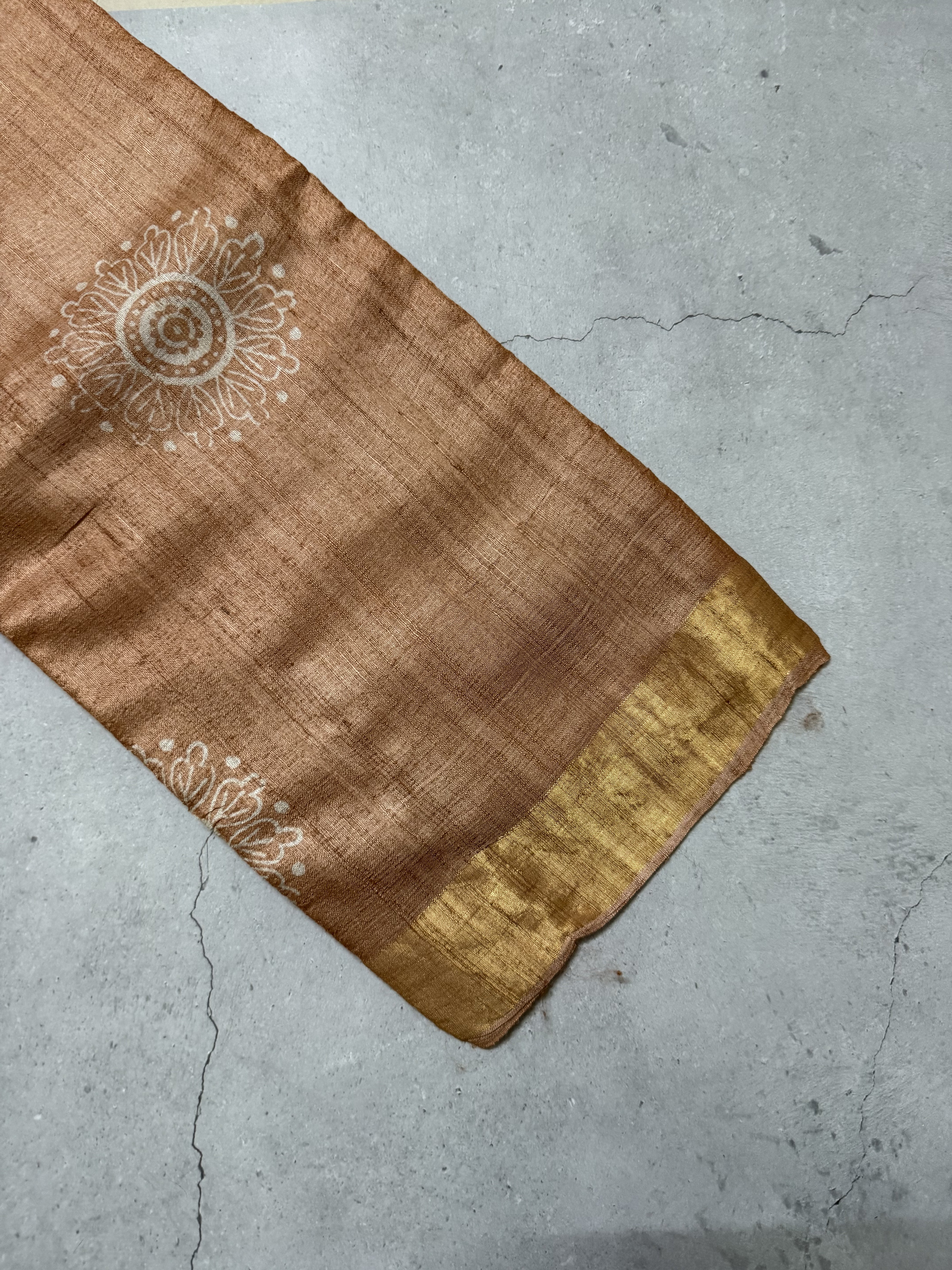 Nityaa | Brown Block Printed Tussar Silk Saree