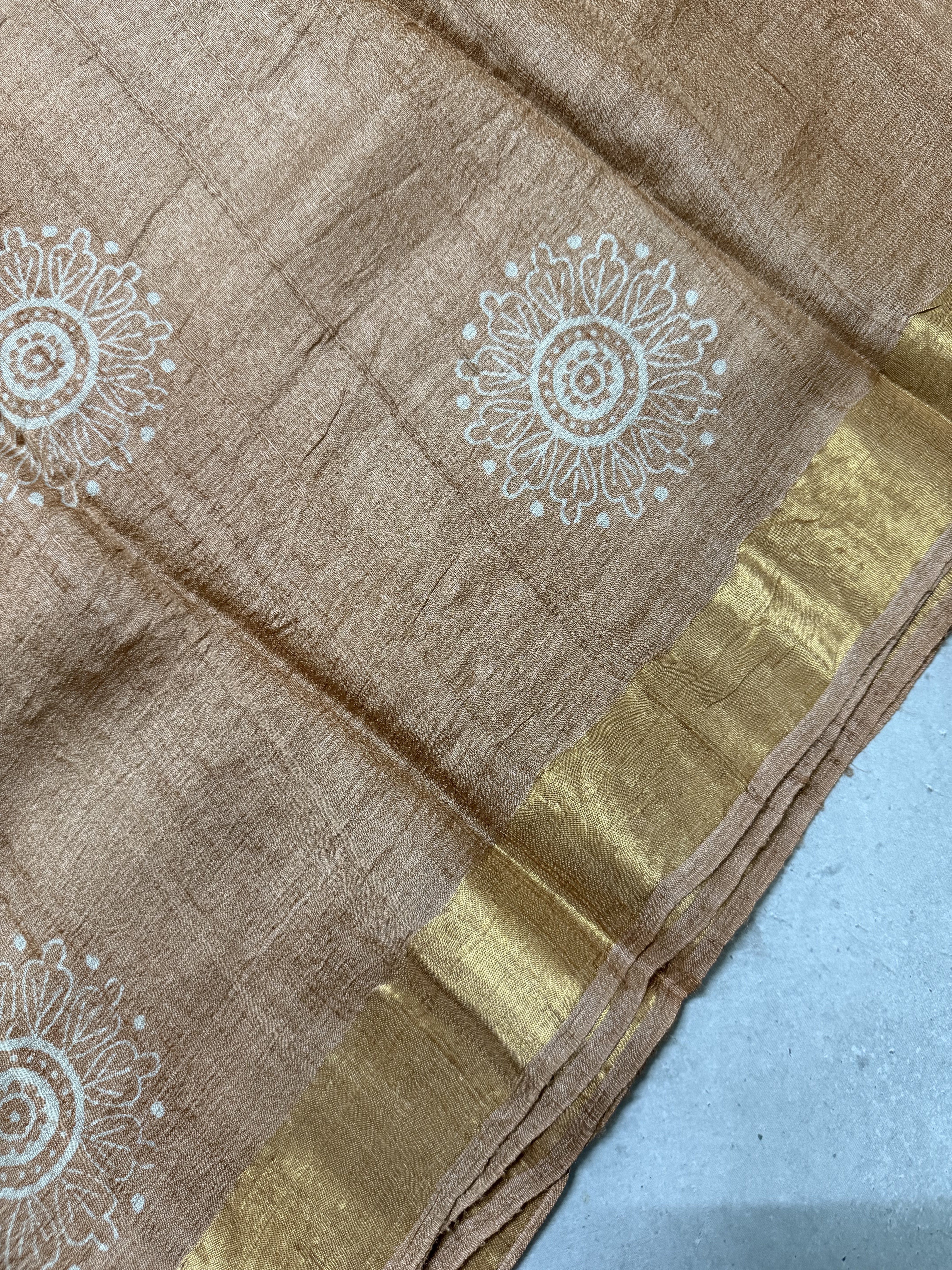 Nityaa | Brown Block Printed Tussar Silk Saree
