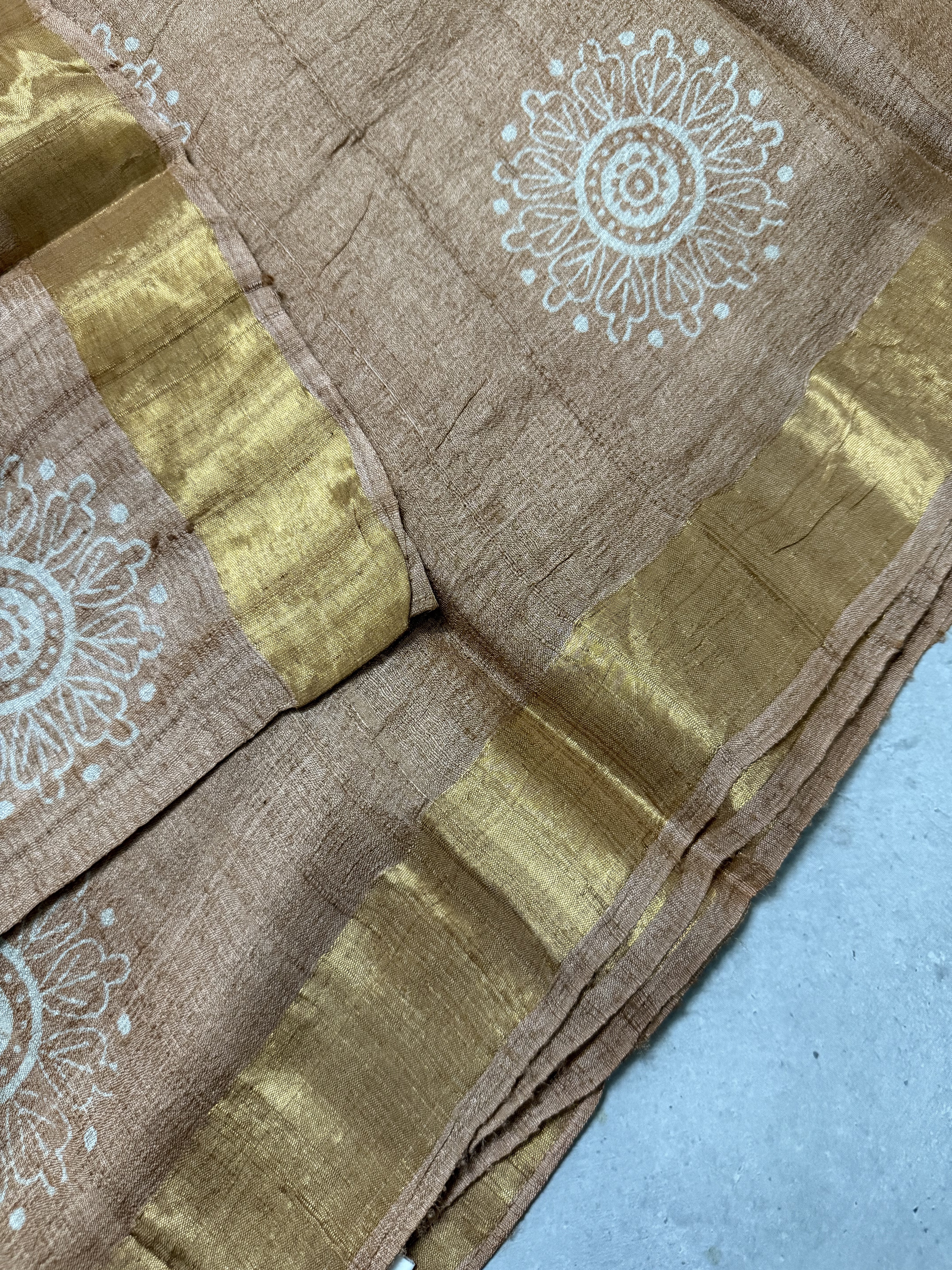 Nityaa | Brown Block Printed Tussar Silk Saree