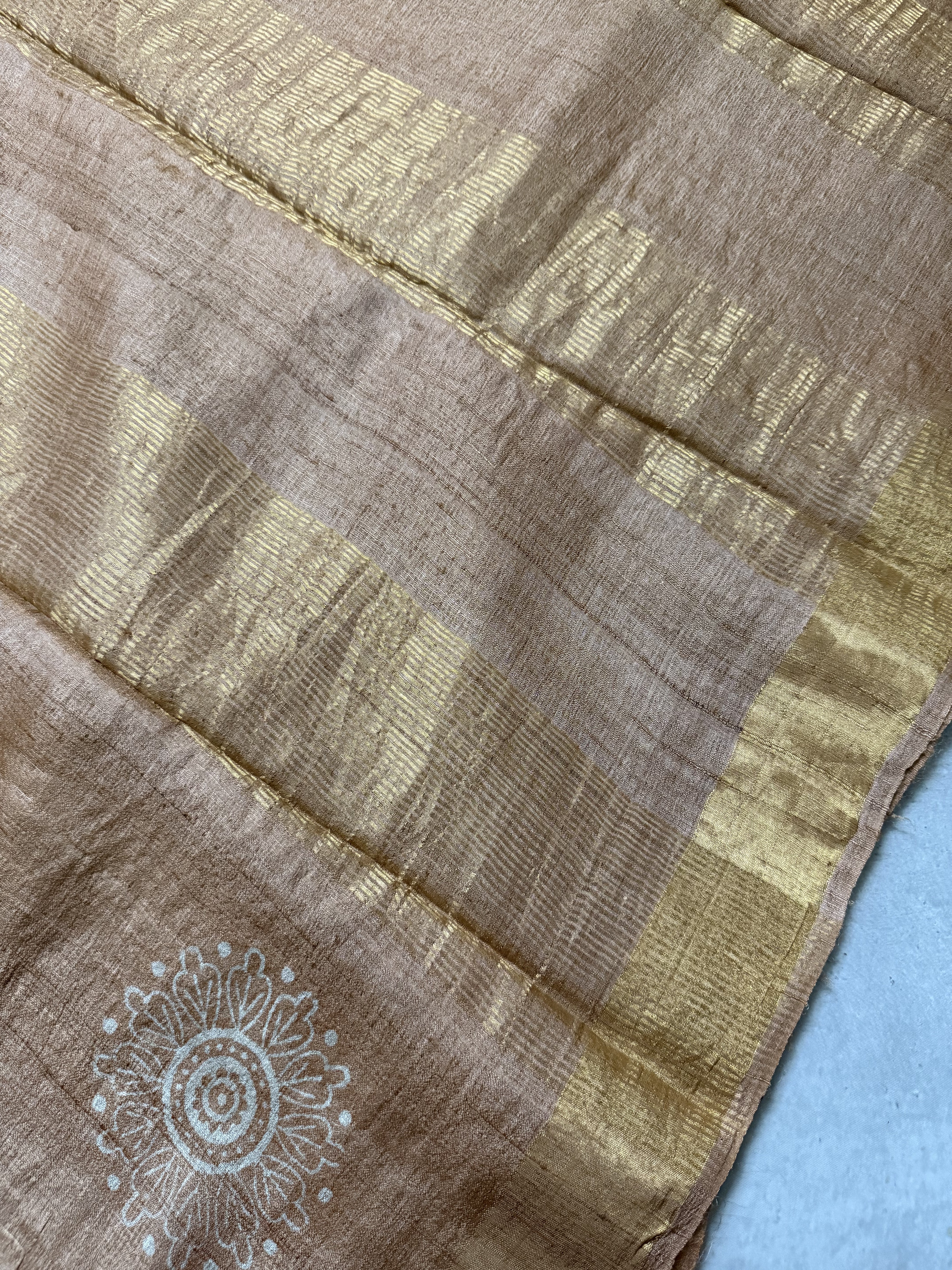 Nityaa | Brown Block Printed Tussar Silk Saree
