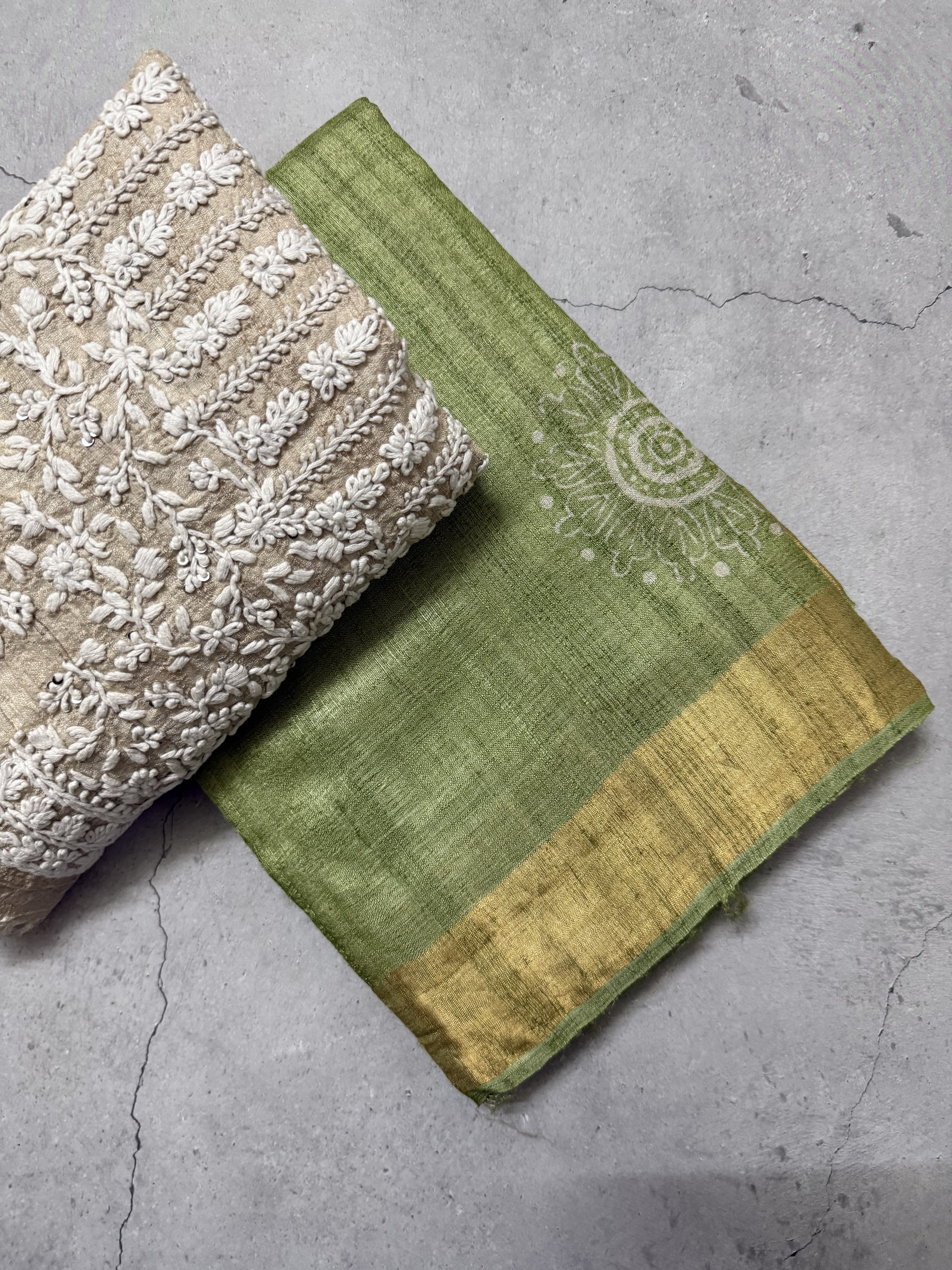 Nyra | Green Block Printed Tussar Silk Saree
