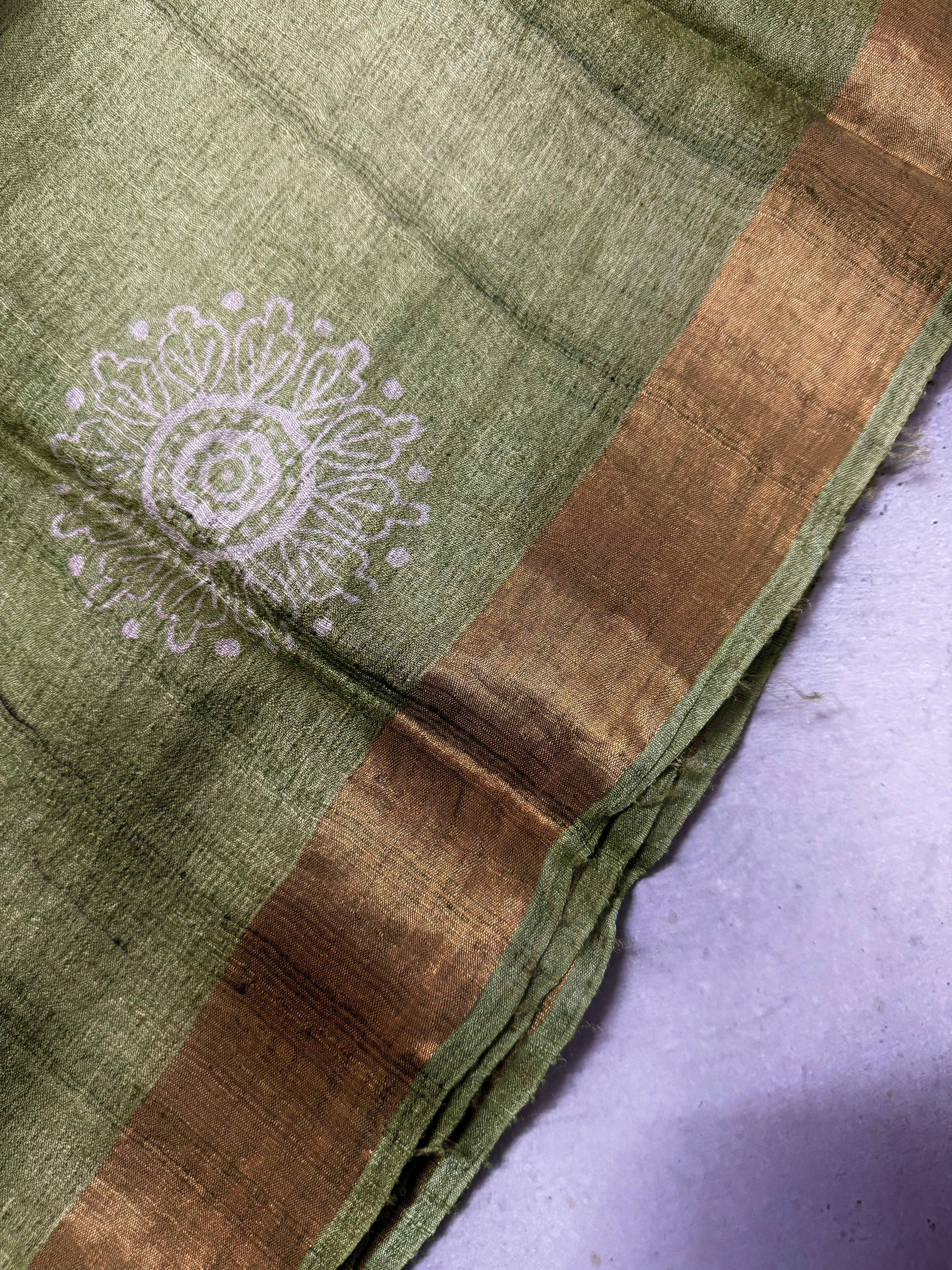 Nyra | Green Block Printed Tussar Silk Saree