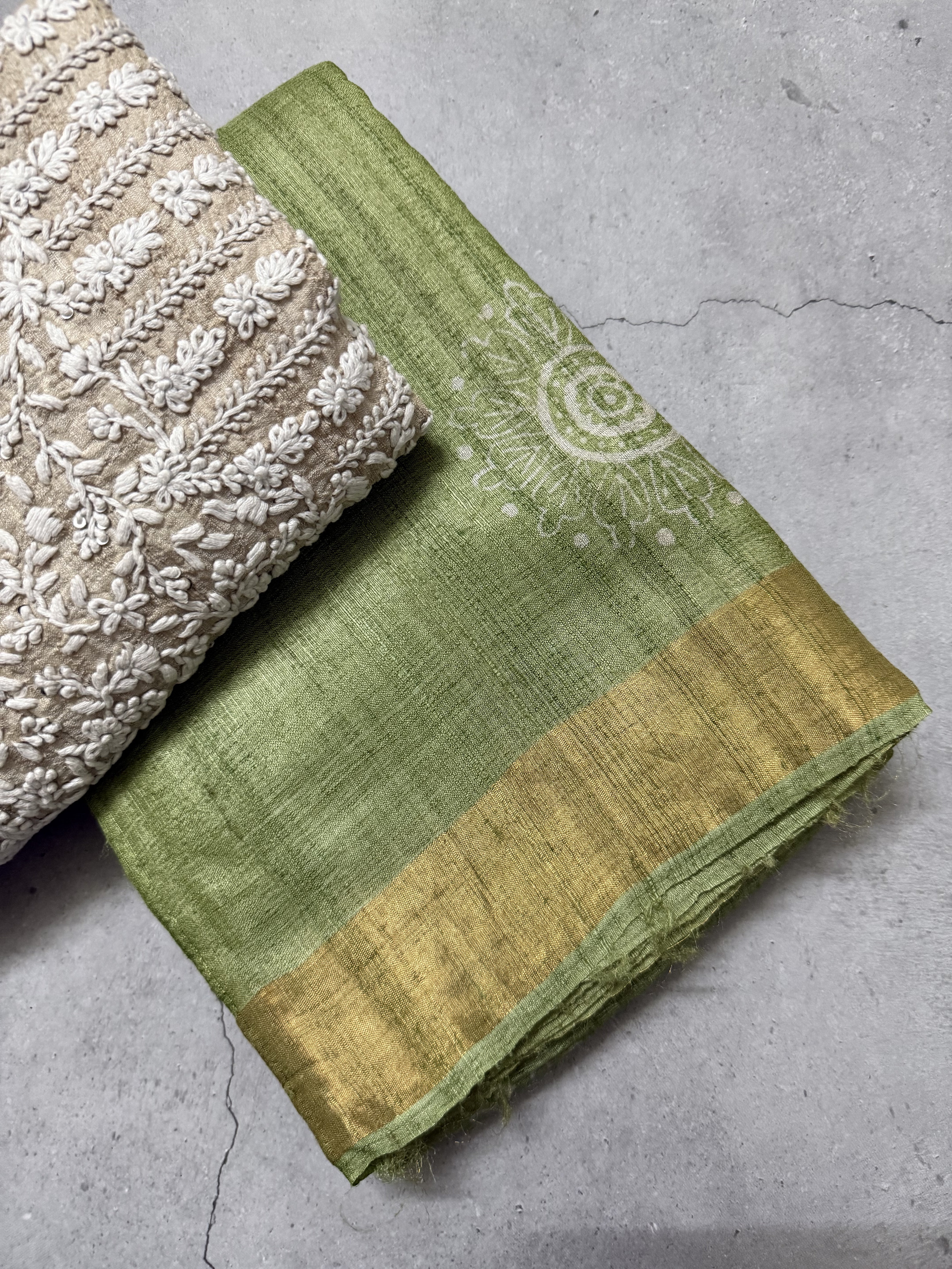 Nyra | Green Block Printed Tussar Silk Saree