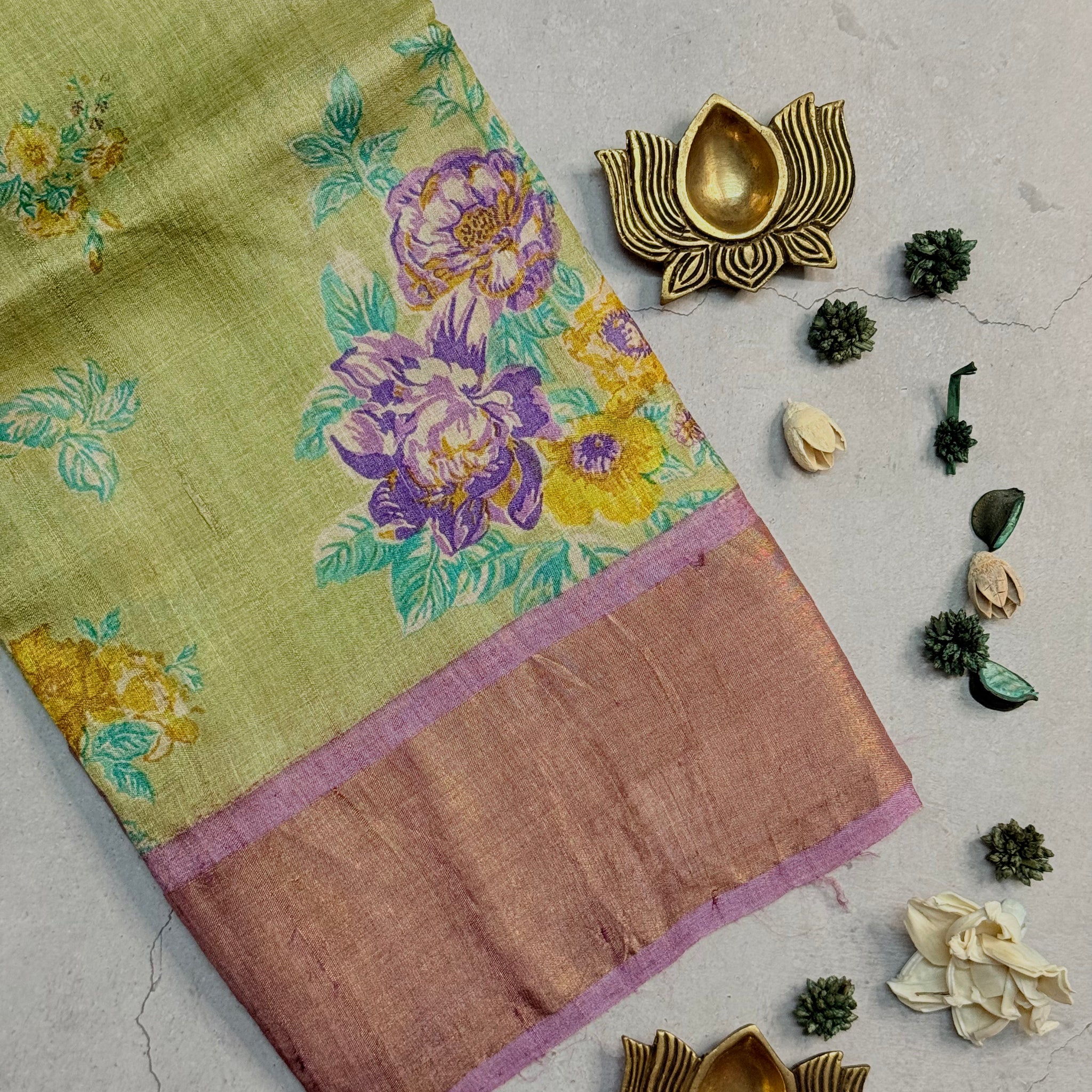Rohini | Green and Lavender Floral Printed Tussar Silk Saree