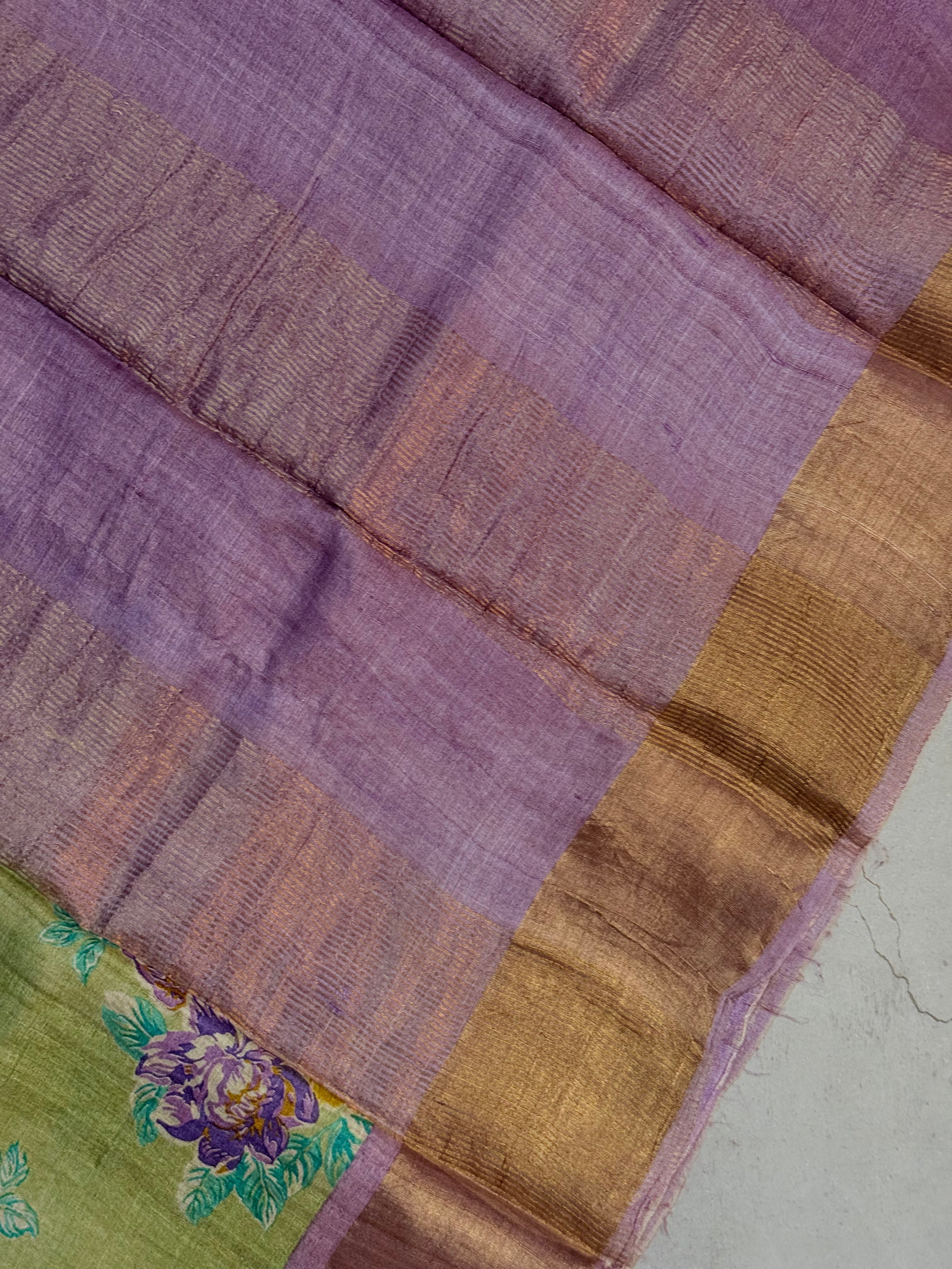 Rohini | Green and Lavender Floral Printed Tussar Silk Saree