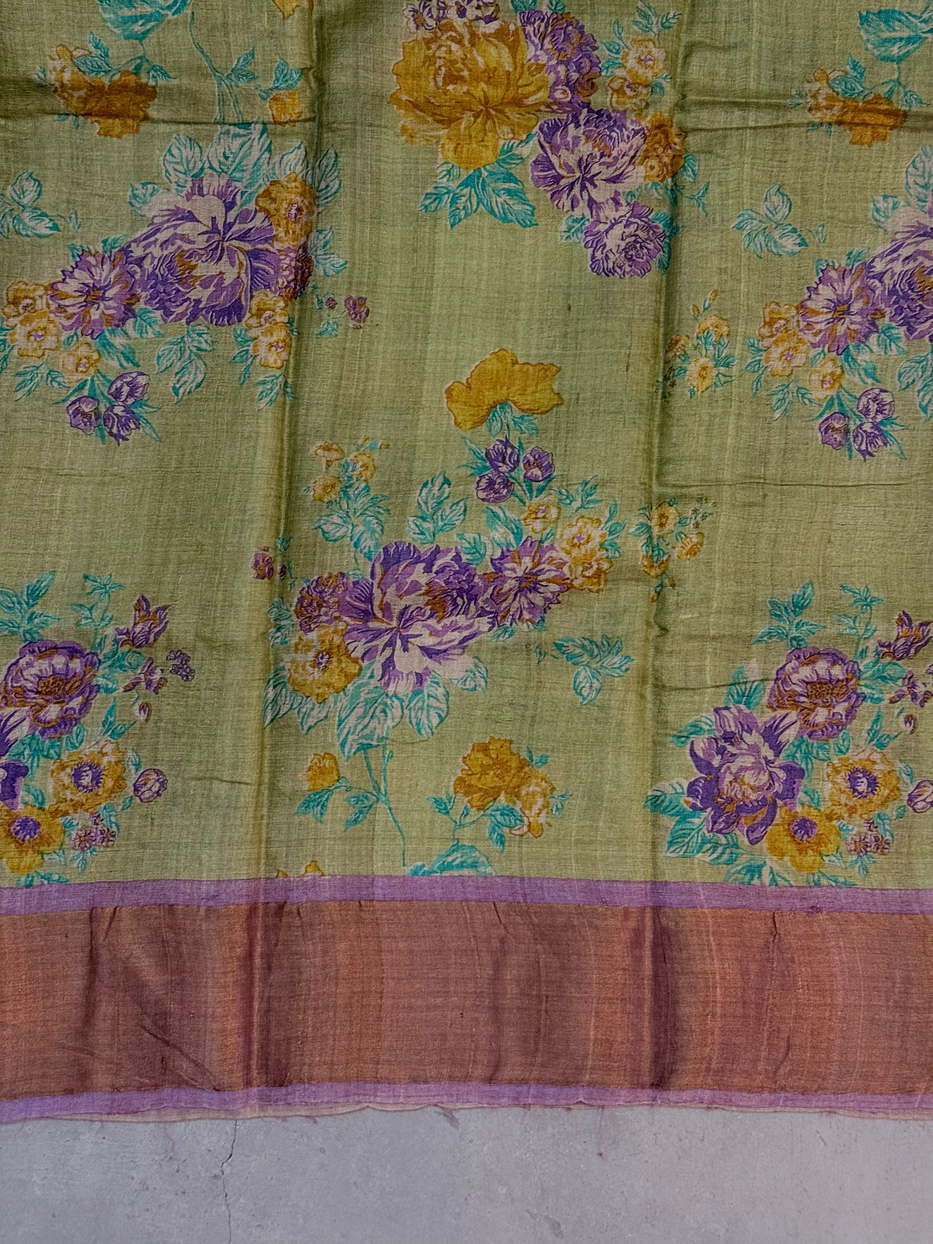 Rohini | Green and Lavender Floral Printed Tussar Silk Saree