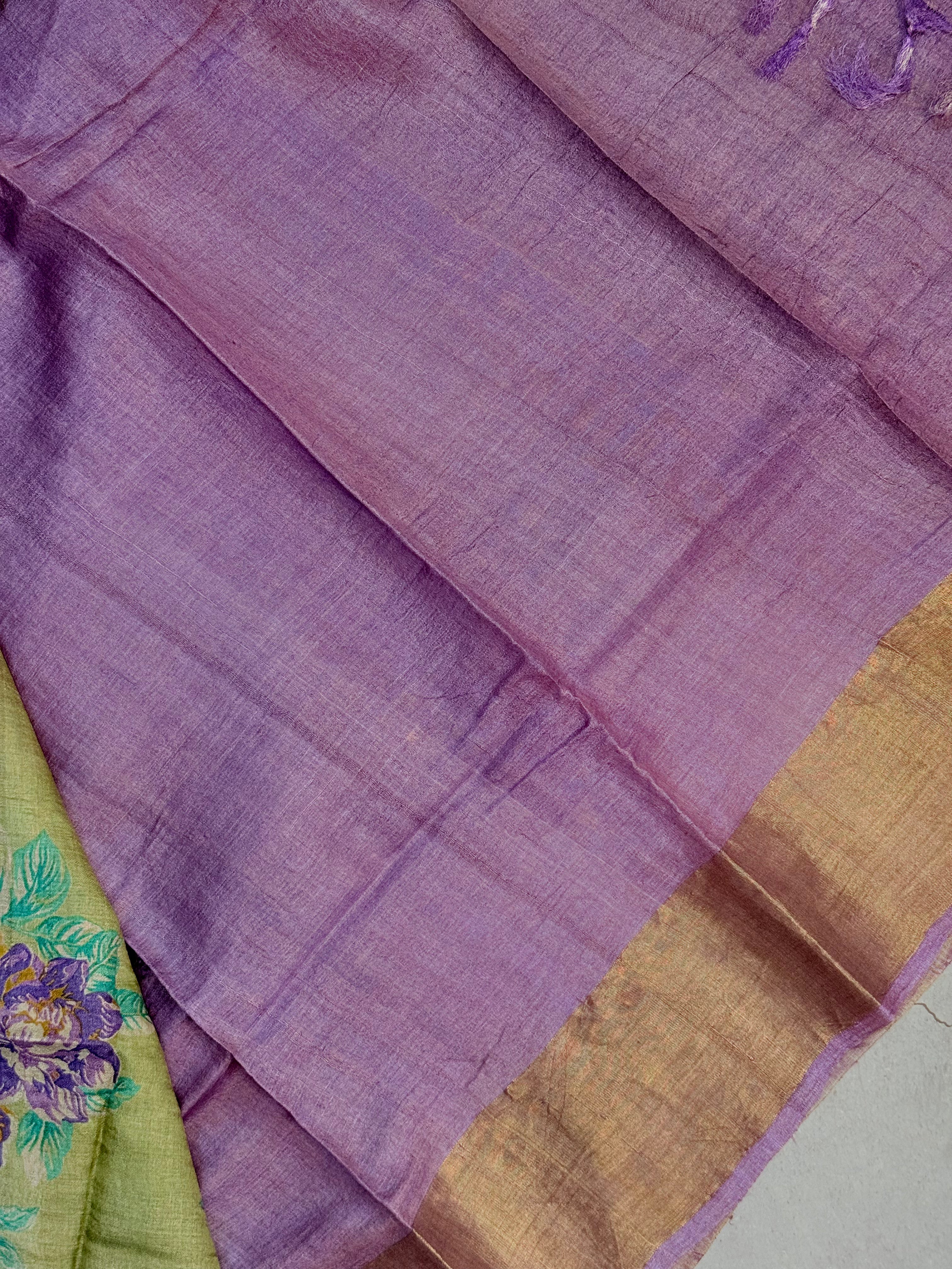 Rohini | Green and Lavender Floral Printed Tussar Silk Saree