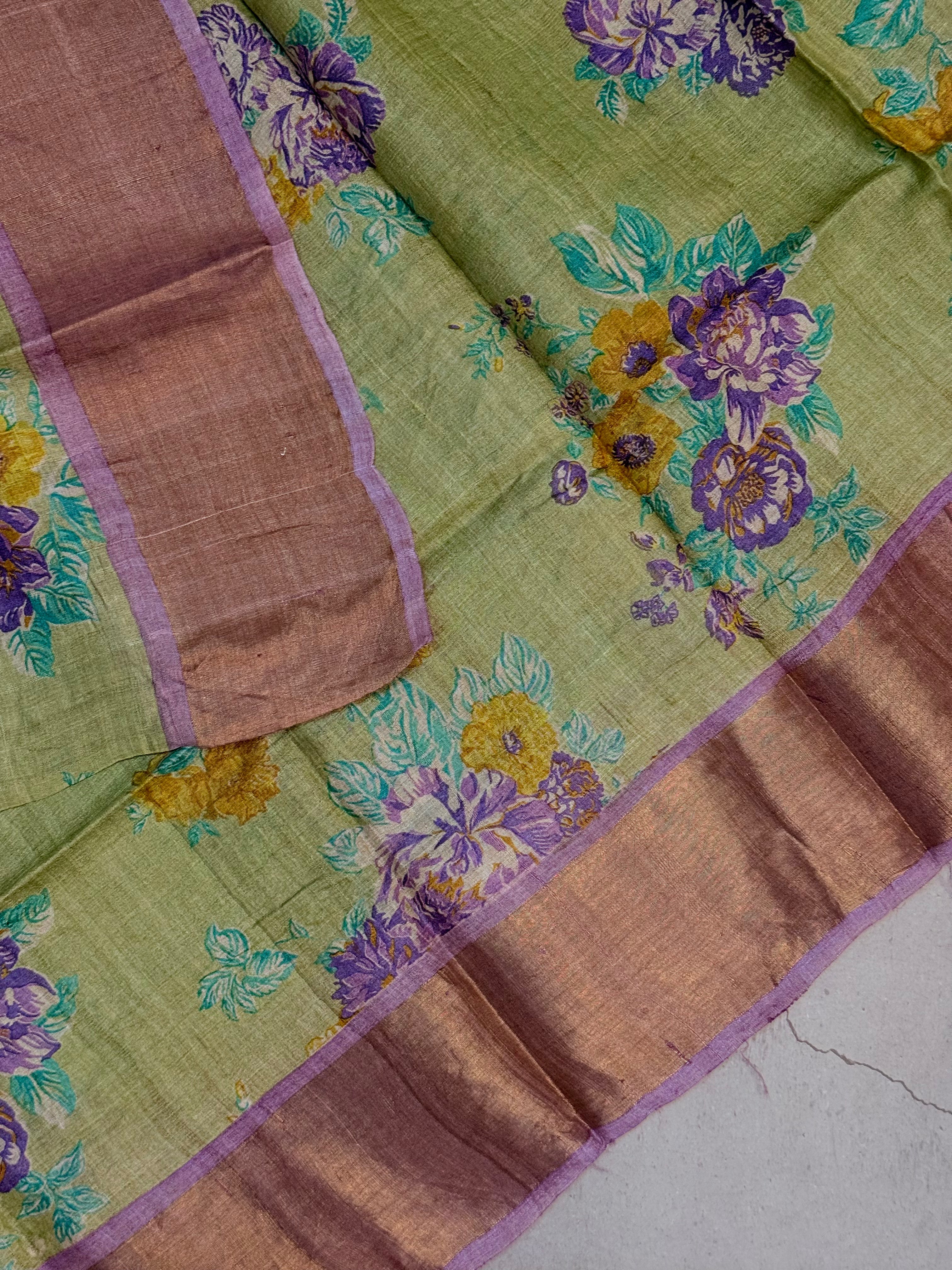Rohini | Green and Lavender Floral Printed Tussar Silk Saree