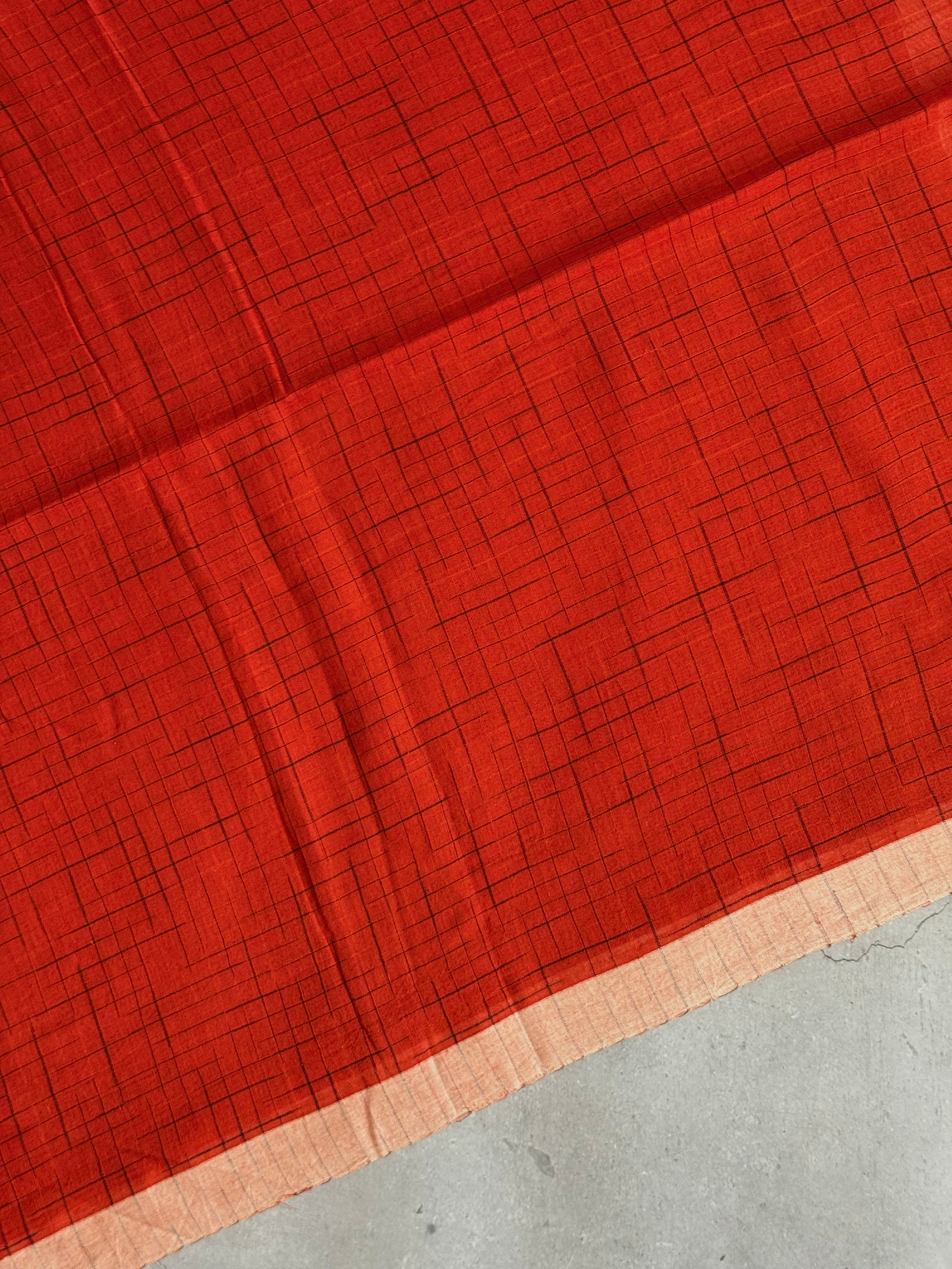 Sindhoora | Orange and White Broken Checks Bengal Cotton Saree