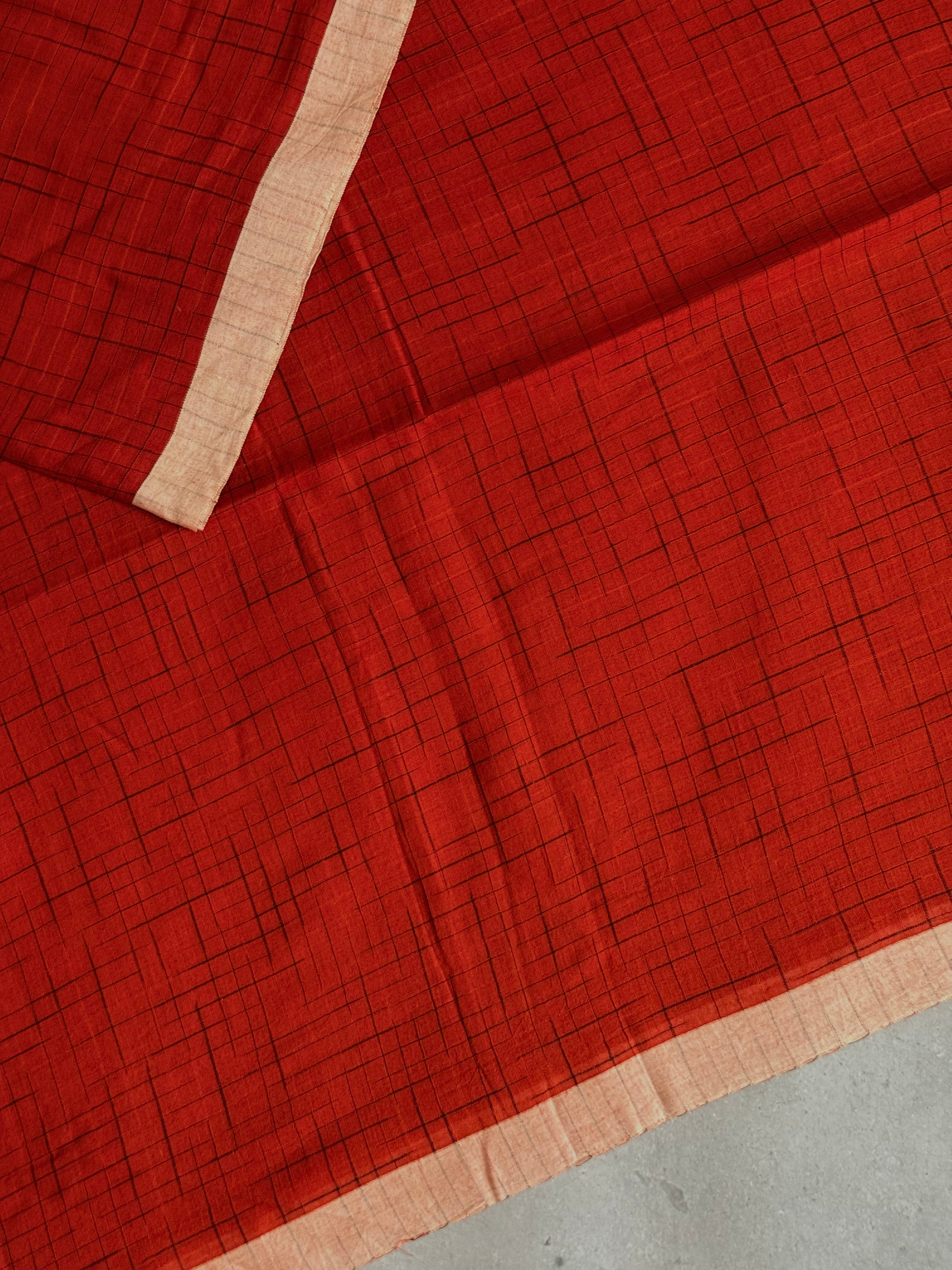 Sindhoora | Orange and White Broken Checks Bengal Cotton Saree