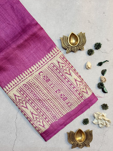 Siya | Pink and White Block Printed Tussar Silk Saree