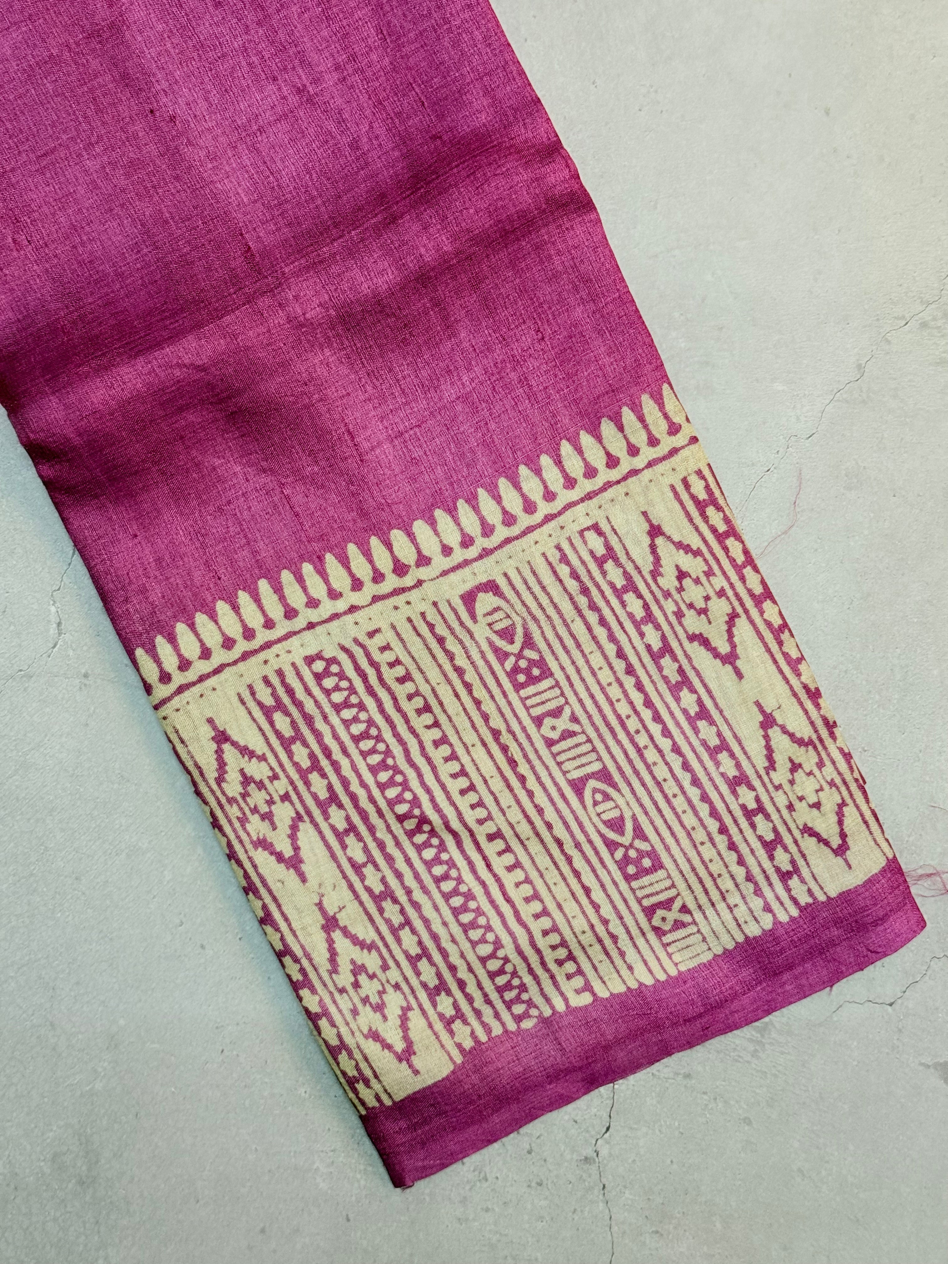Siya | Pink and White Block Printed Tussar Silk Saree