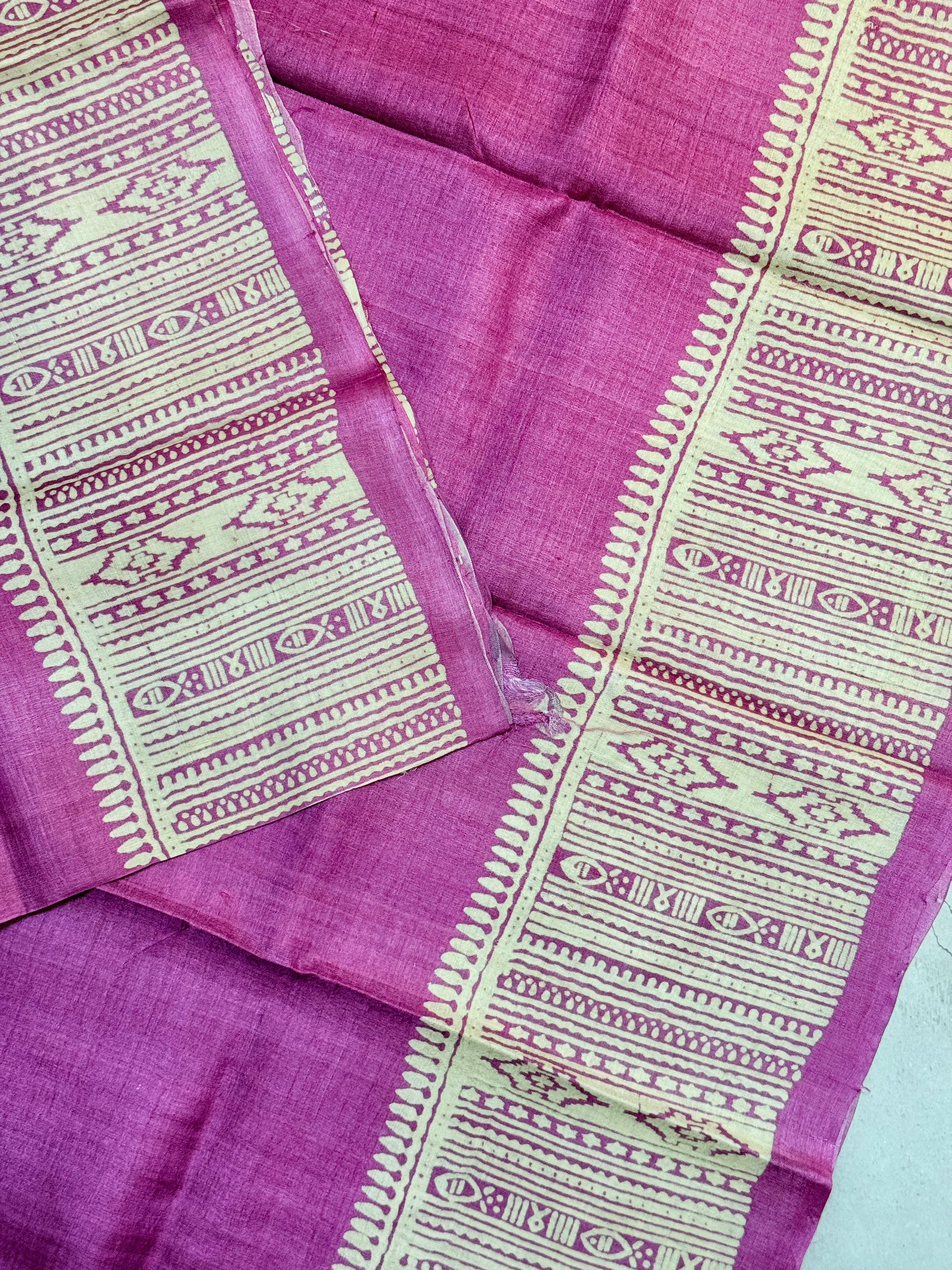 Siya | Pink and White Block Printed Tussar Silk Saree