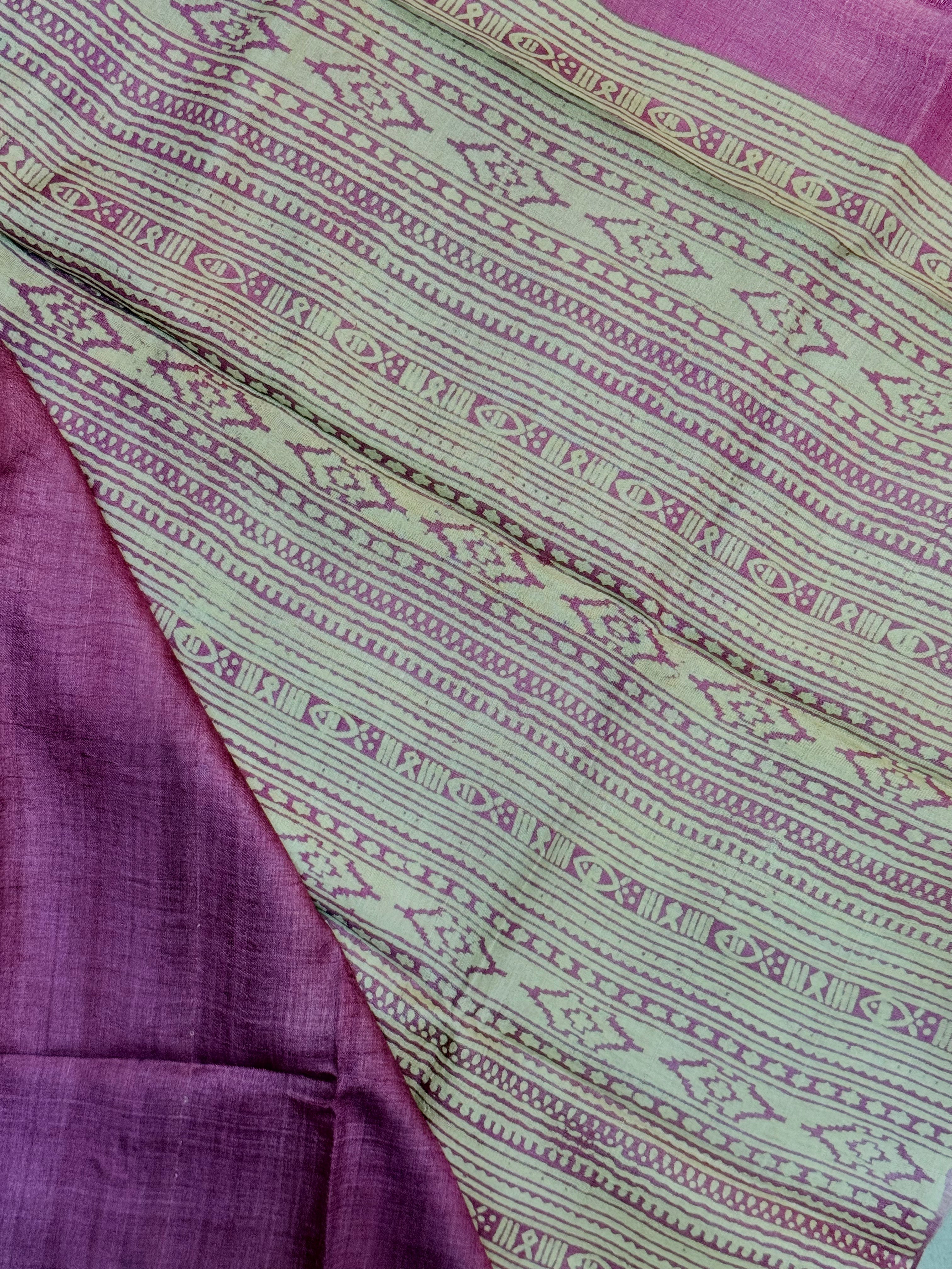 Siya | Pink and White Block Printed Tussar Silk Saree