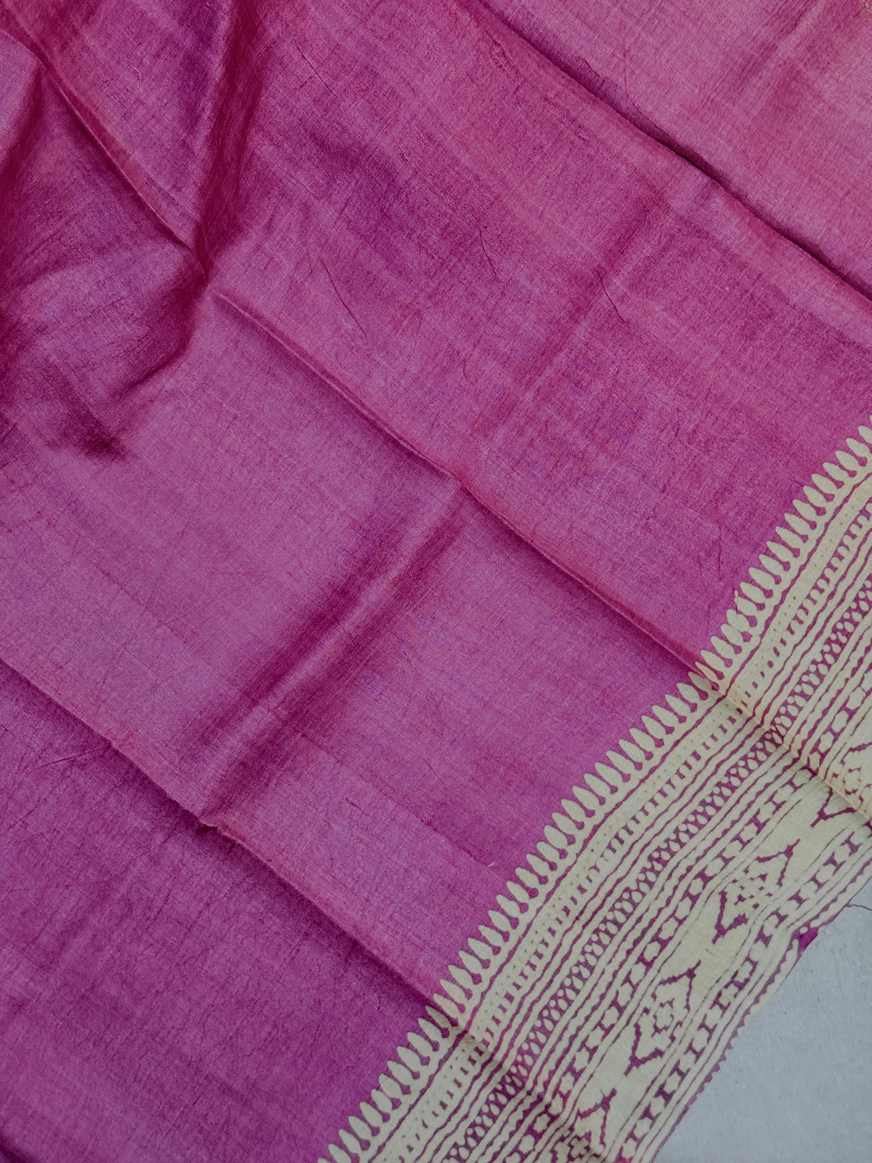 Siya | Pink and White Block Printed Tussar Silk Saree