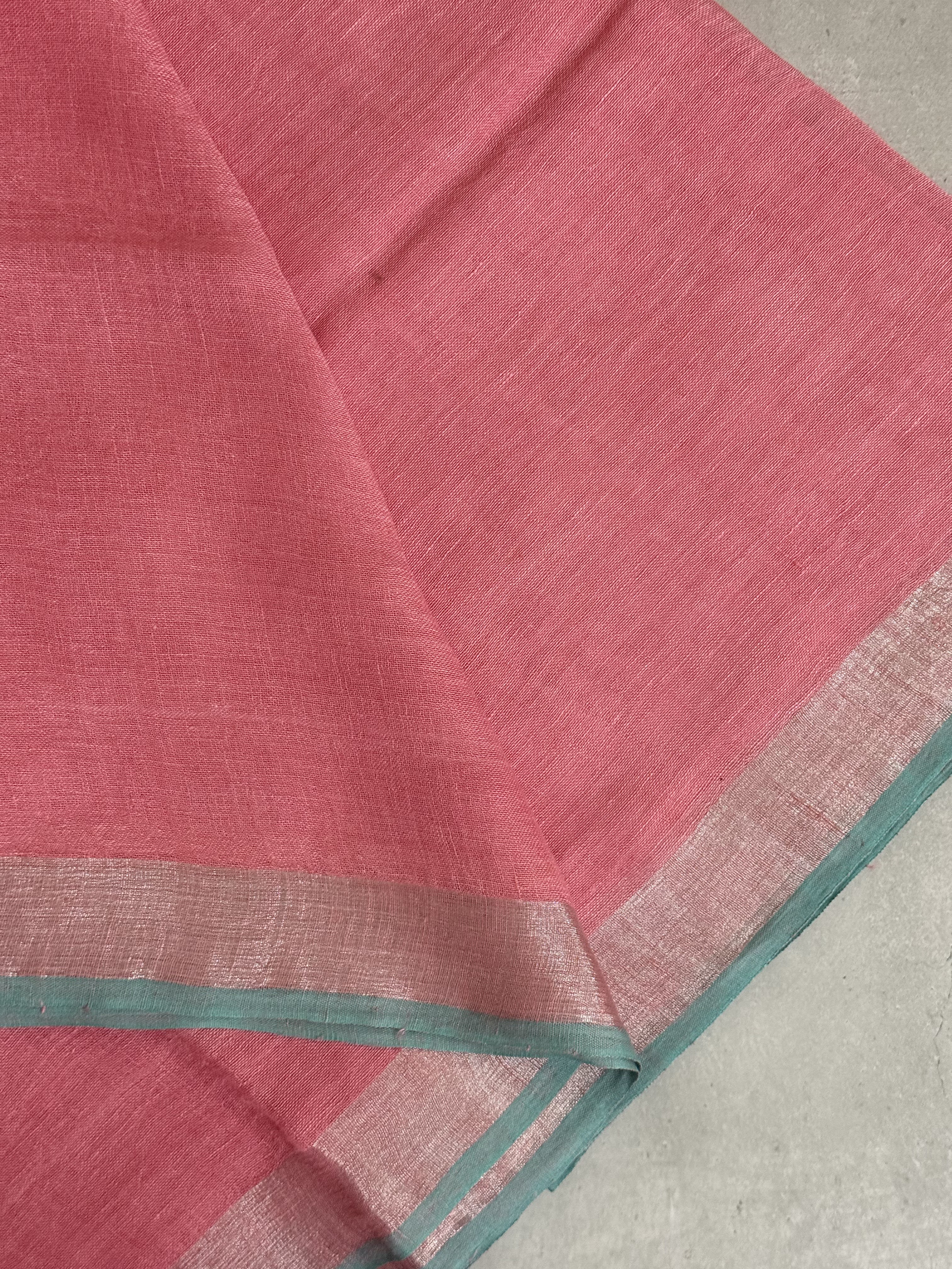 Taamara | Pink and Blue Pure Linen Saree