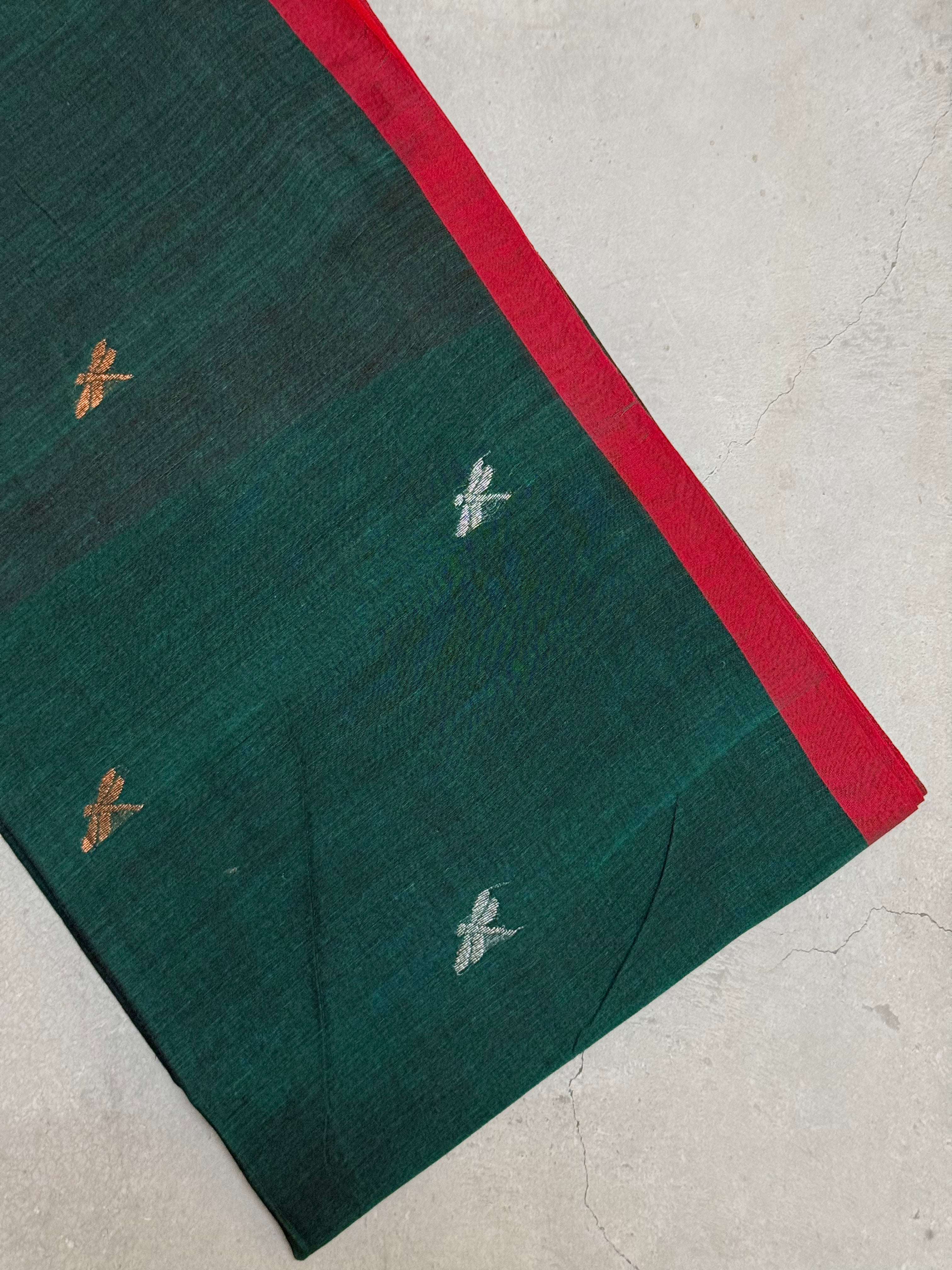 Uthaara | Green and Red Jamdani Bengal Cotton Saree