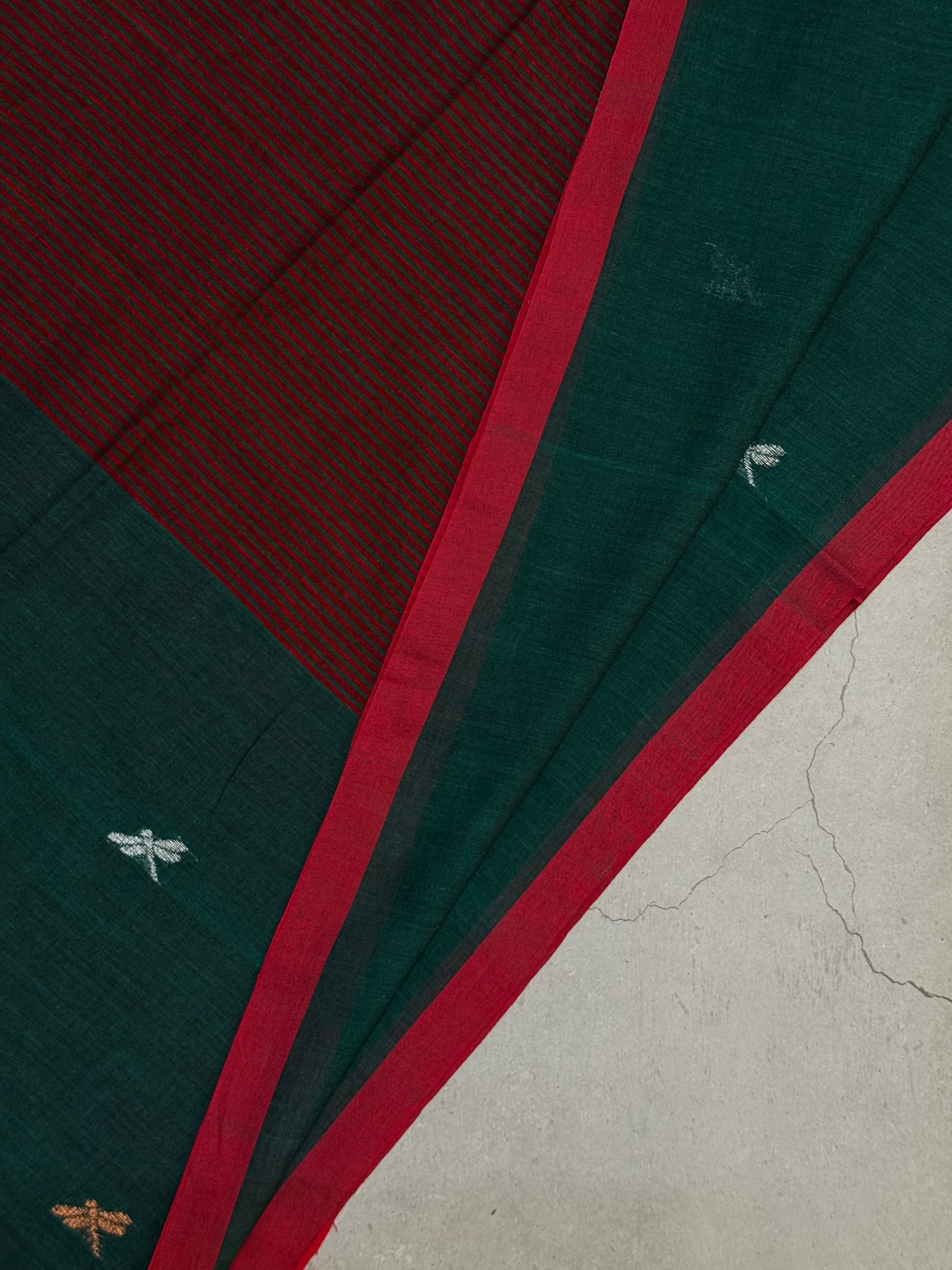 Uthaara | Green and Red Jamdani Bengal Cotton Saree