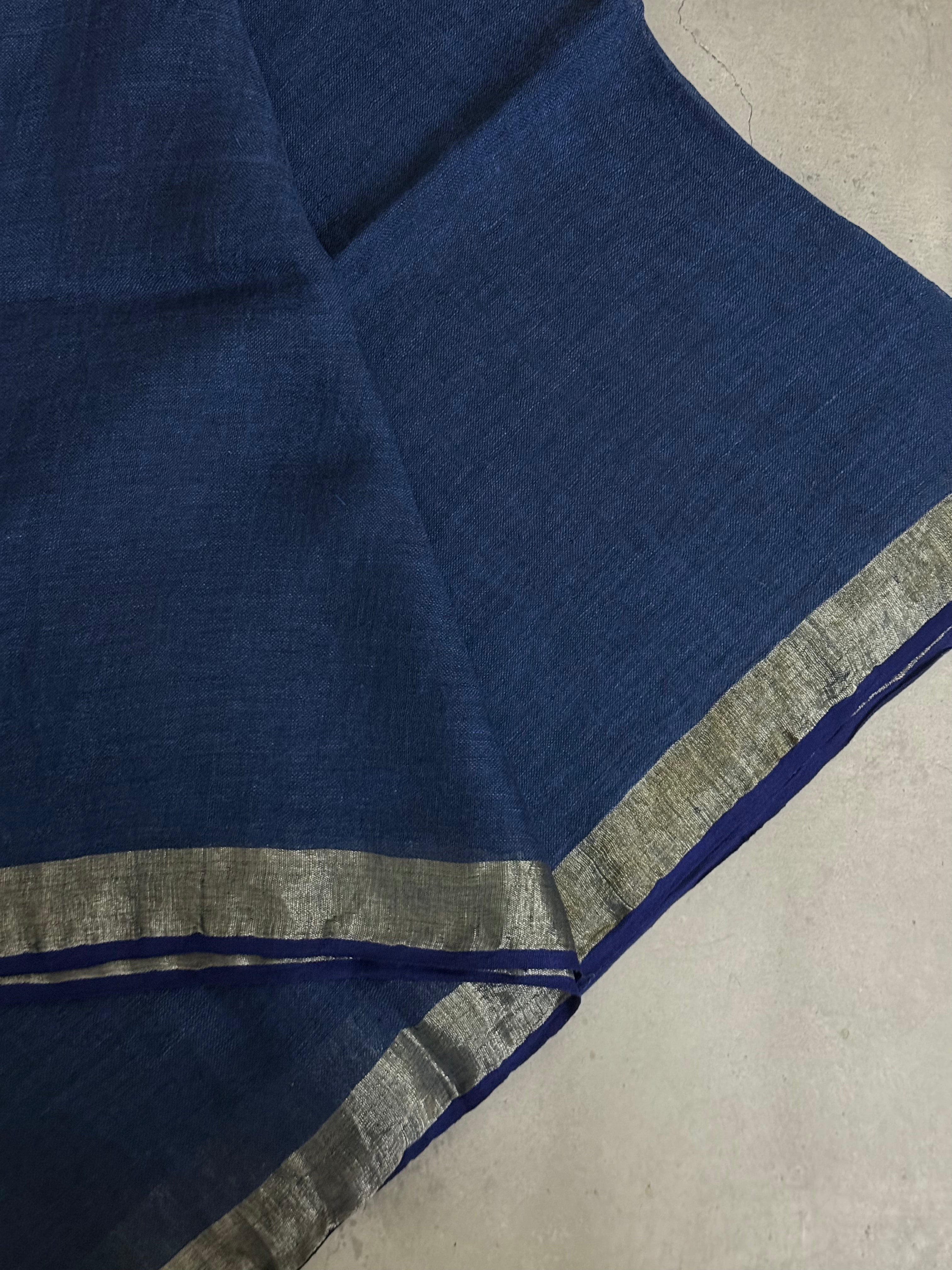 Vasundhara | Blue and Silver Pure Linen Saree