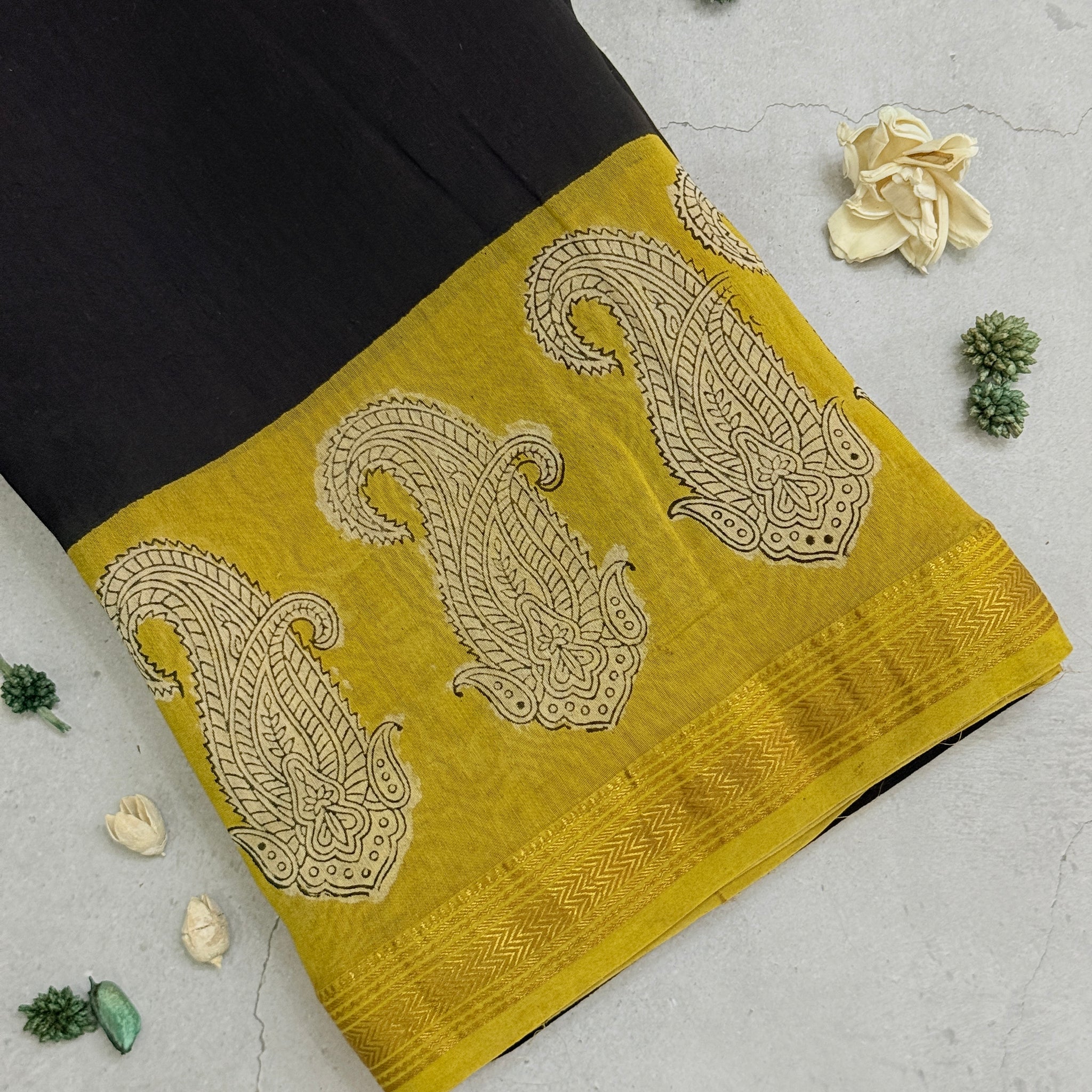 Vanshi | Black and Yellow Block Printed Maheshwari Saree