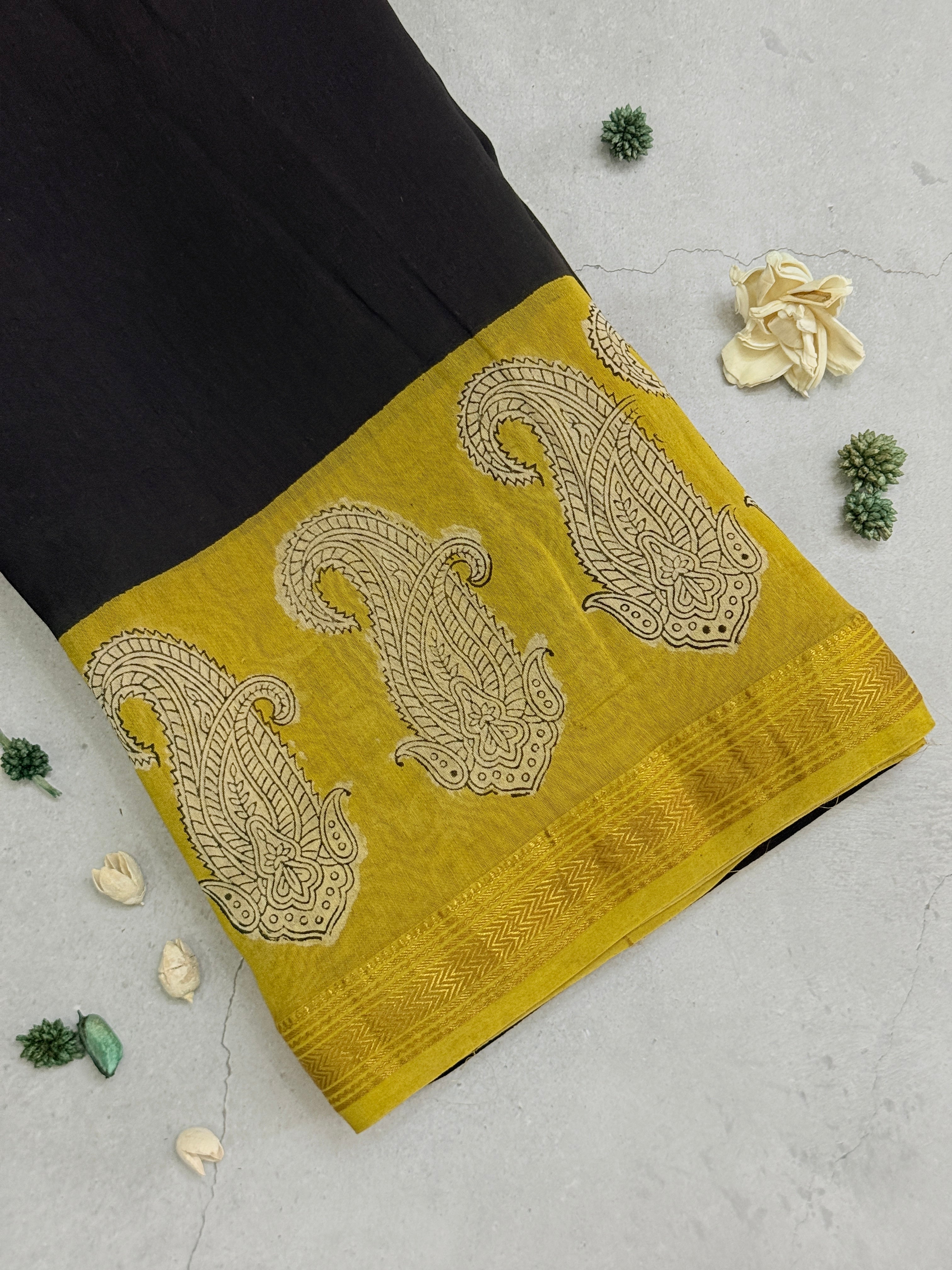 Vanshi | Black and Yellow Block Printed Maheshwari Saree