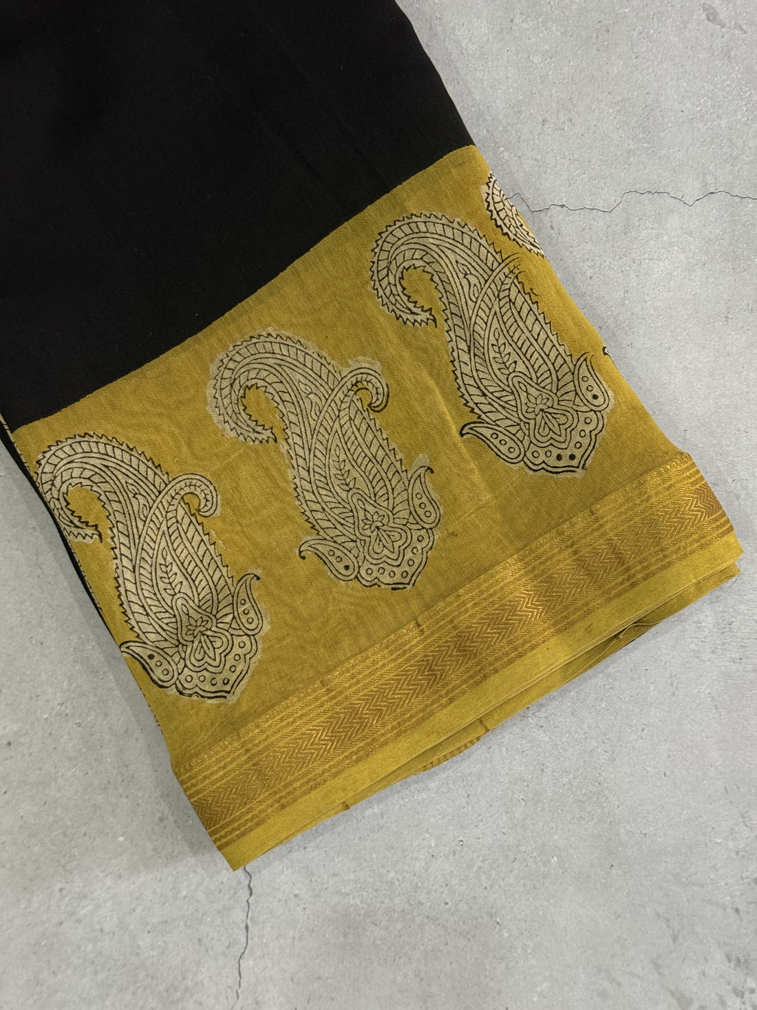 Vanshi | Black and Yellow Block Printed Maheshwari Saree
