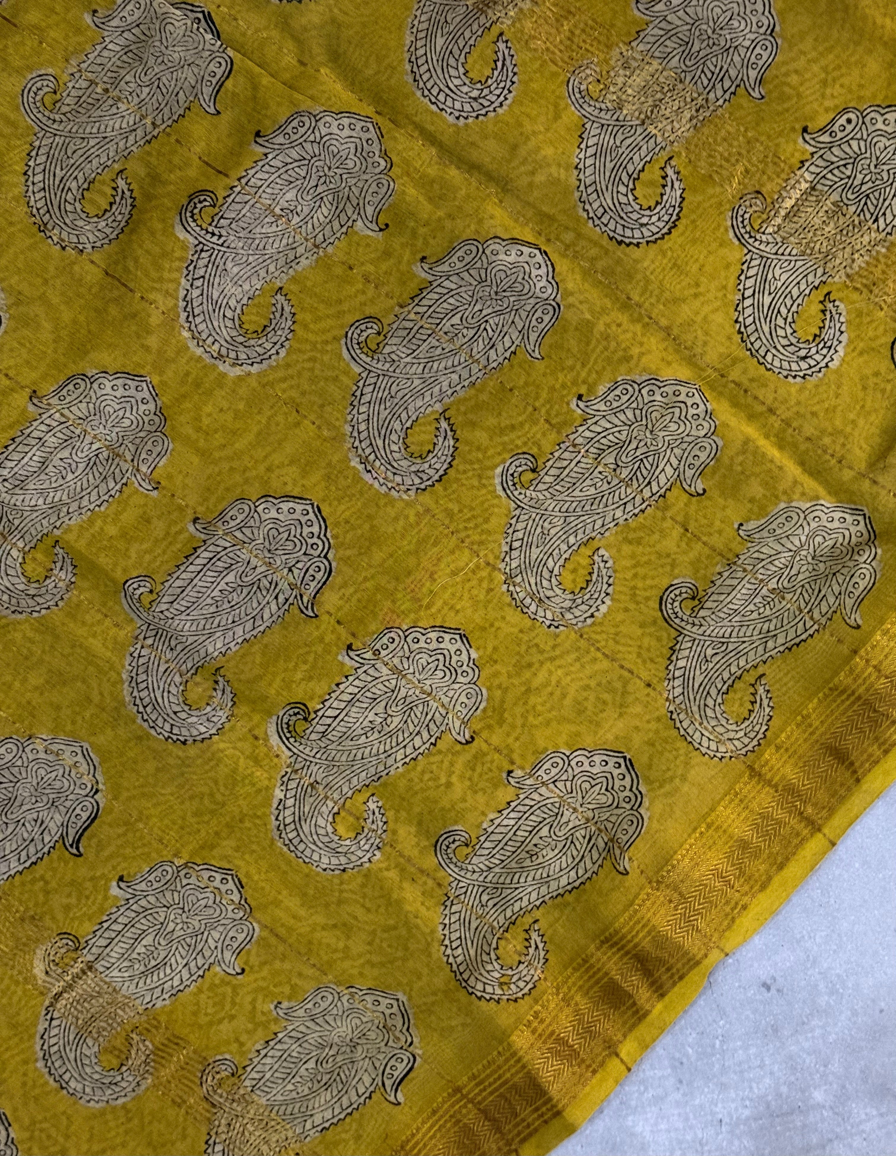 Vanshi | Black and Yellow Block Printed Maheshwari Saree