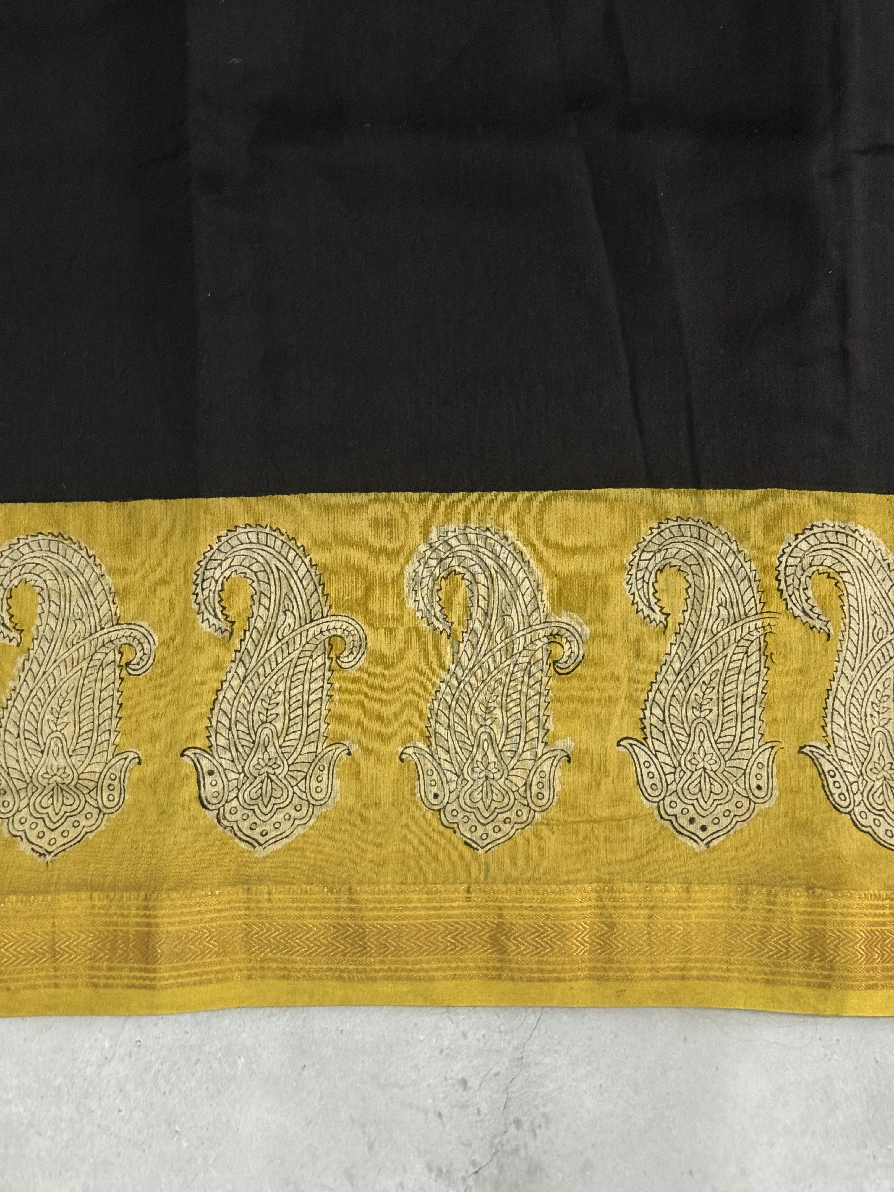 Vanshi | Black and Yellow Block Printed Maheshwari Saree