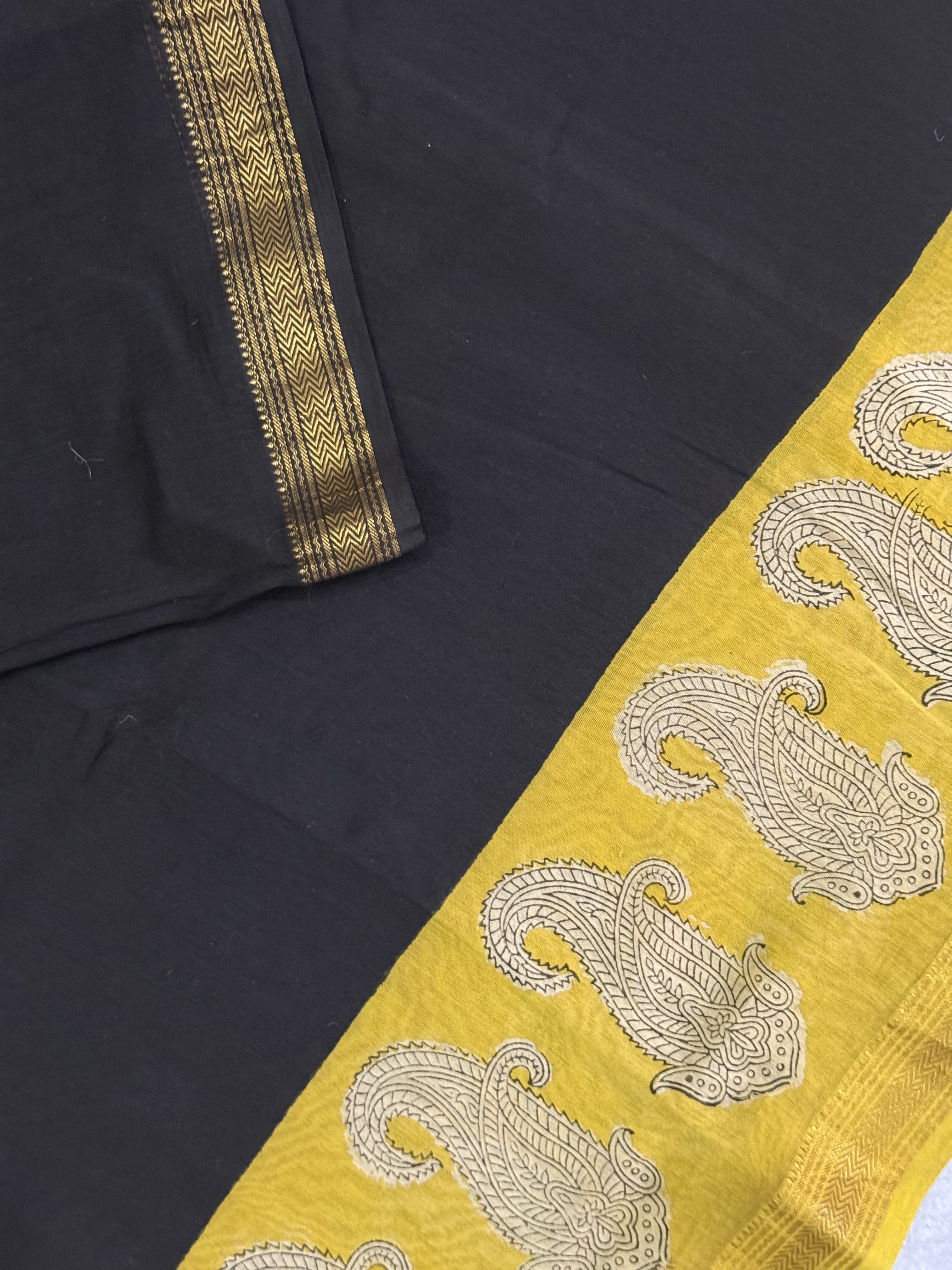 Vanshi | Black and Yellow Block Printed Maheshwari Saree
