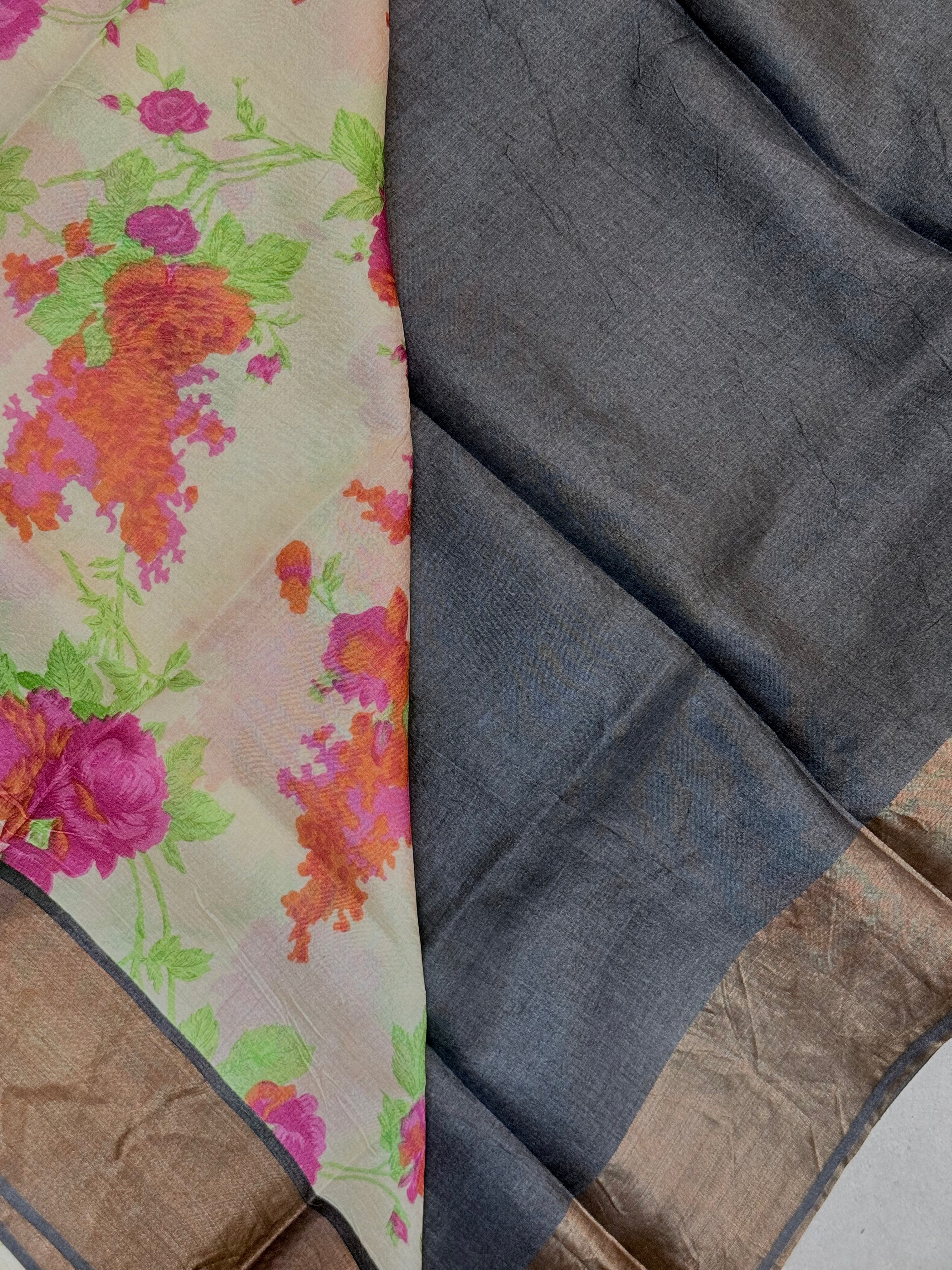 Vasanthika | White Floral Printed Tussar Silk Saree