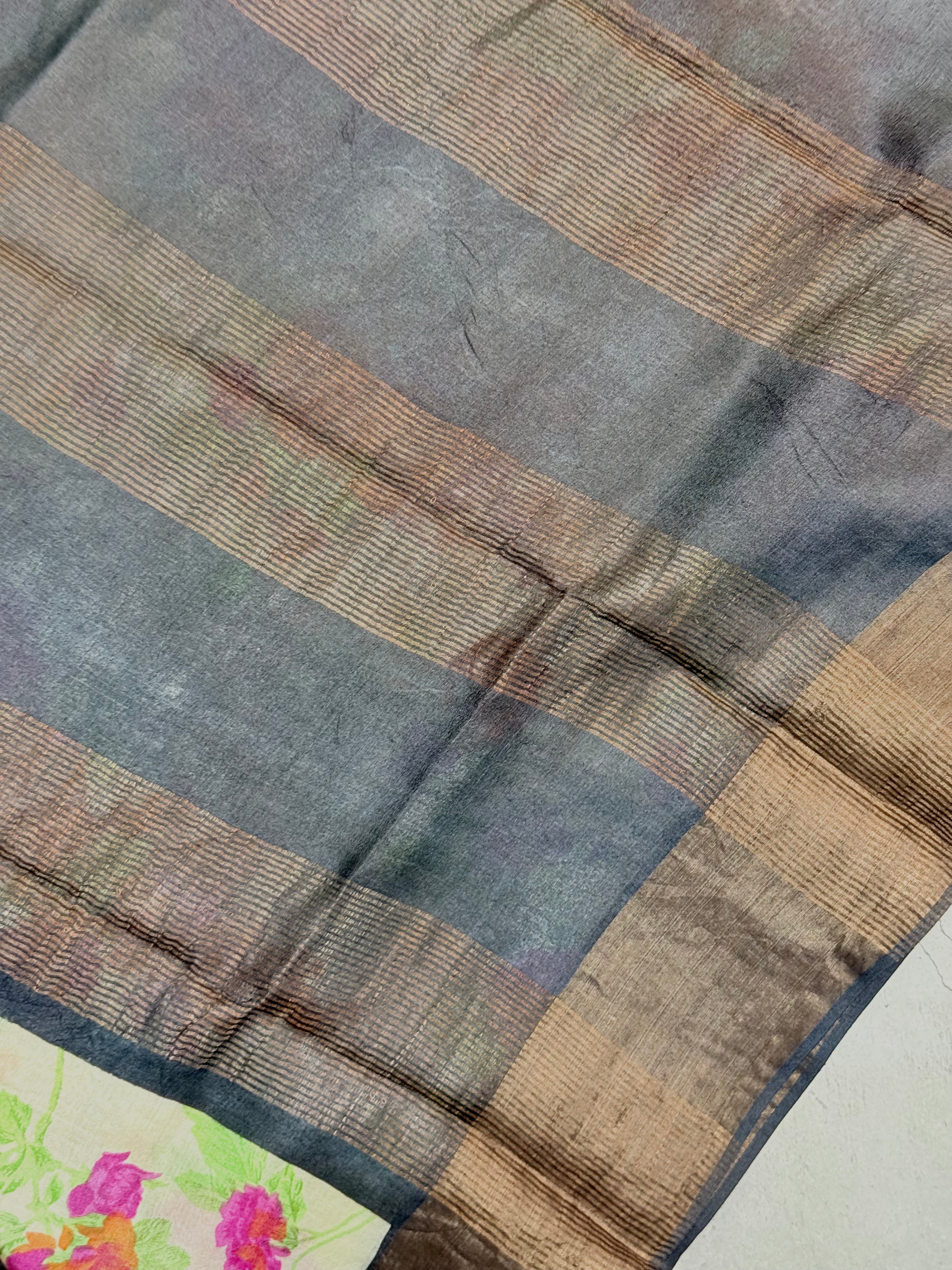 Vasanthika | White Floral Printed Tussar Silk Saree