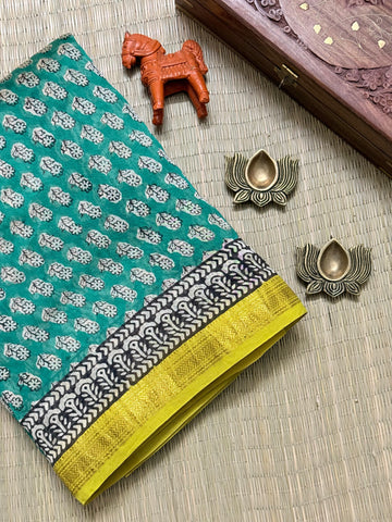 Margazhi | Green and Yellow Block Printed Maheshwari Saree