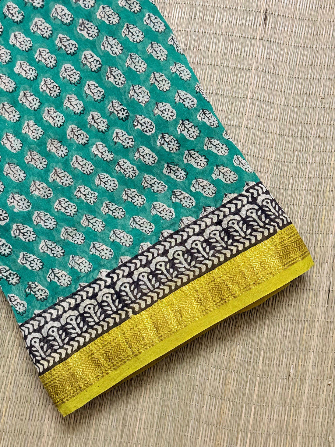 Margazhi | Green and Yellow Block Printed Maheshwari Saree