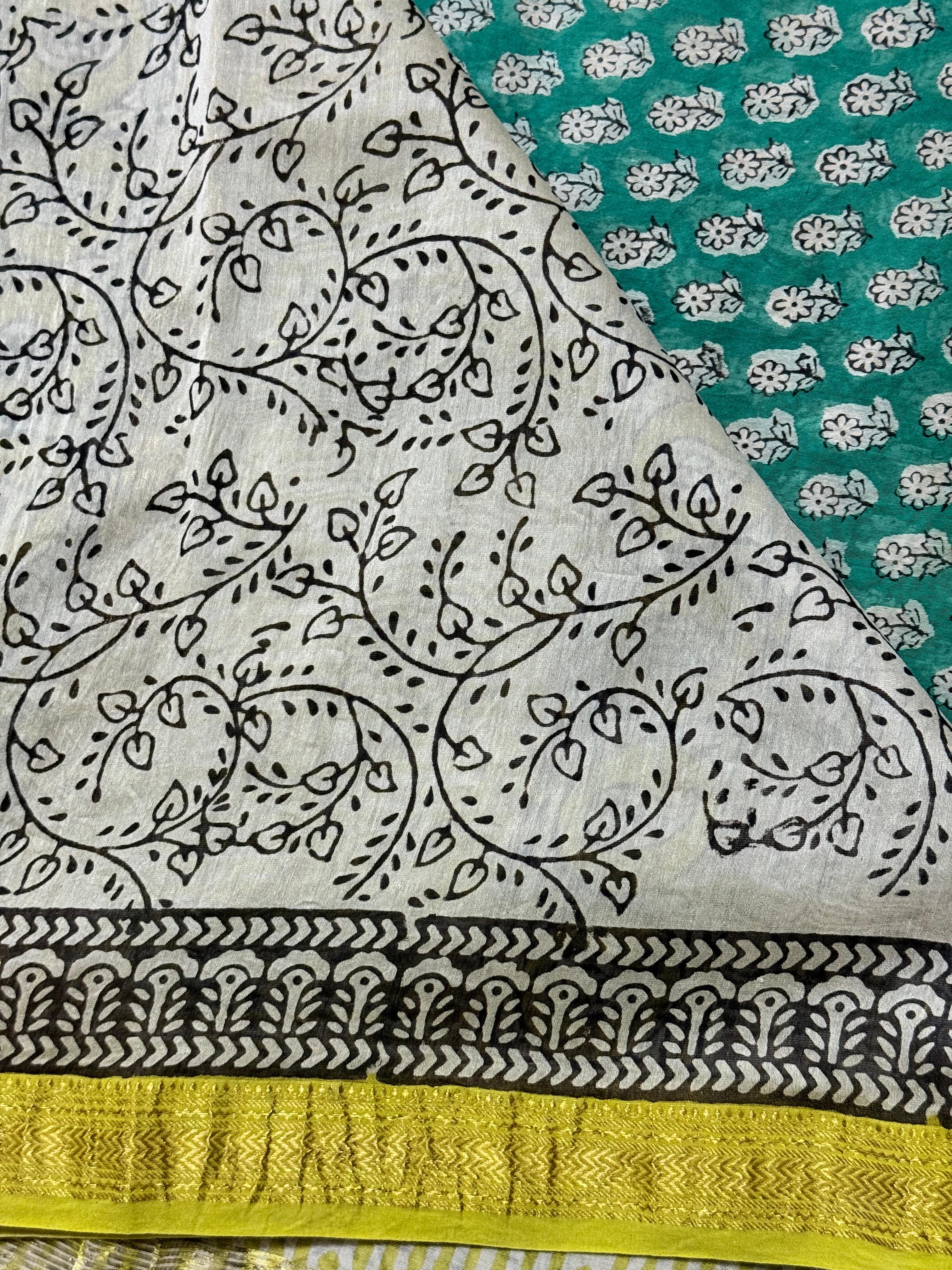 Margazhi | Green and Yellow Block Printed Maheshwari Saree